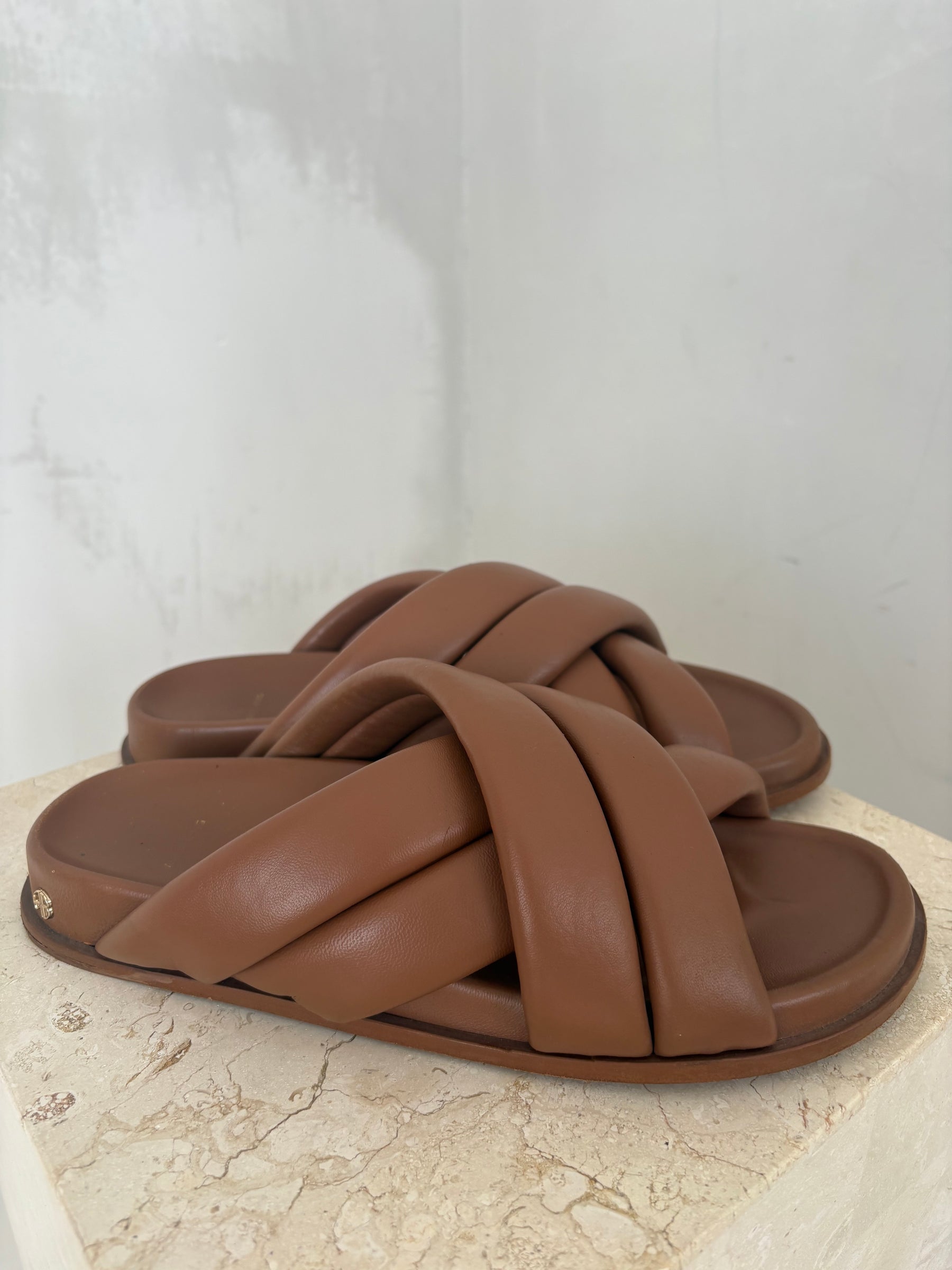 Anine Bing Tan Leather Criss Cross Slides, 41