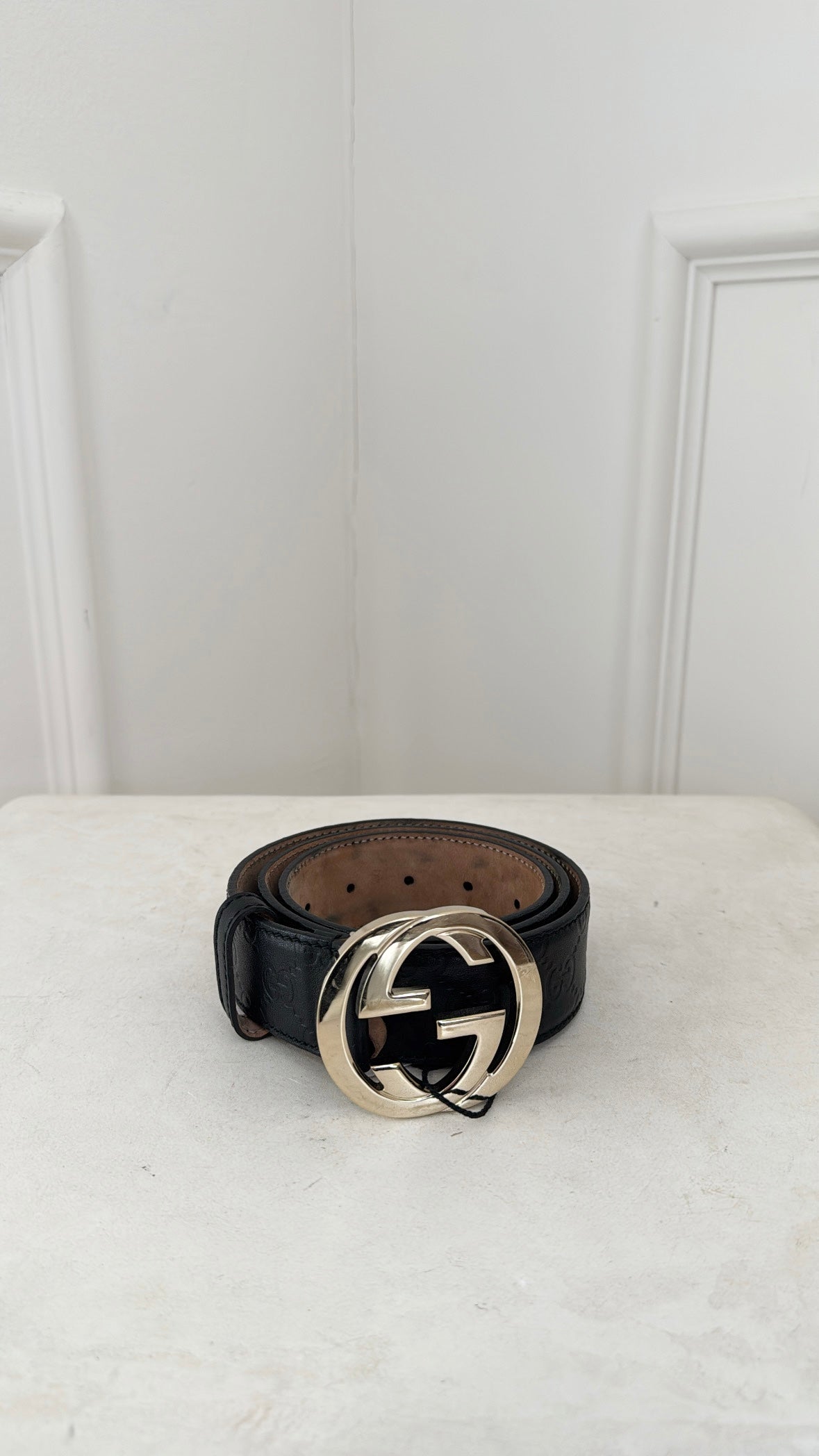Gucci Black Monogram Gold Buckle Belt