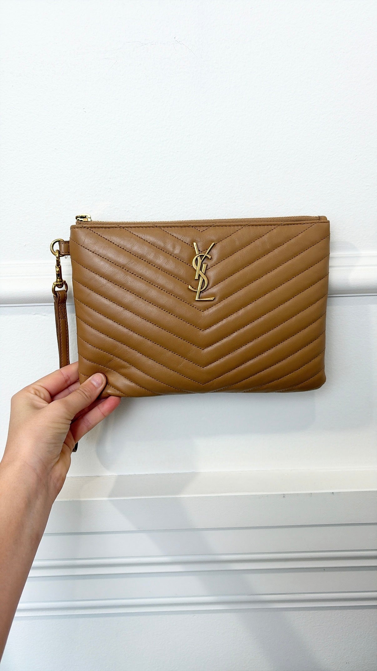 Saint Laurent Tan Chevron Leather Wristlet