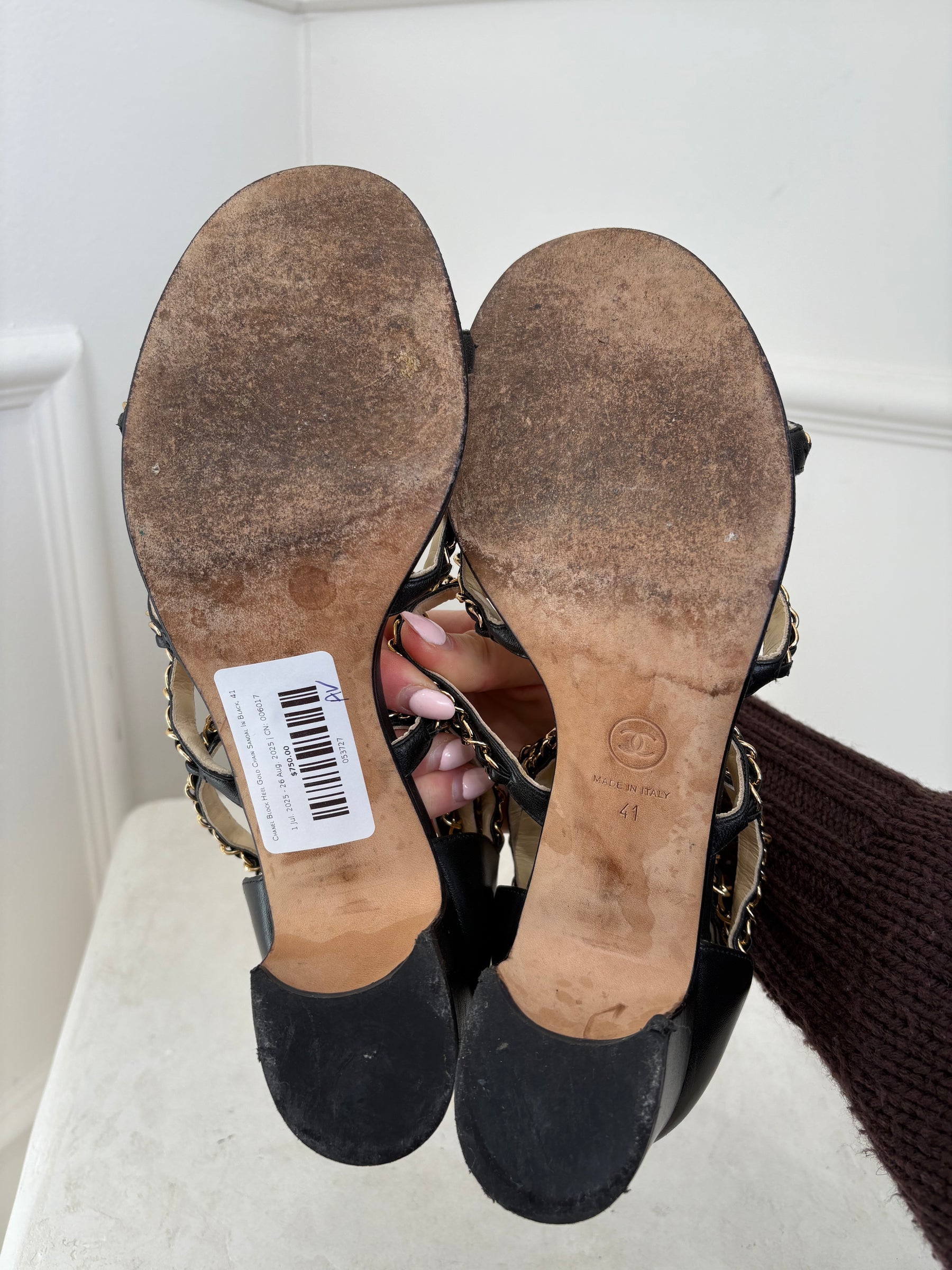 Chanel Block Heel Gold Chain Sandal In Black, 41