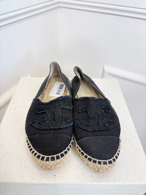 Chanel Black Canvas Logo Espadrilles, 38