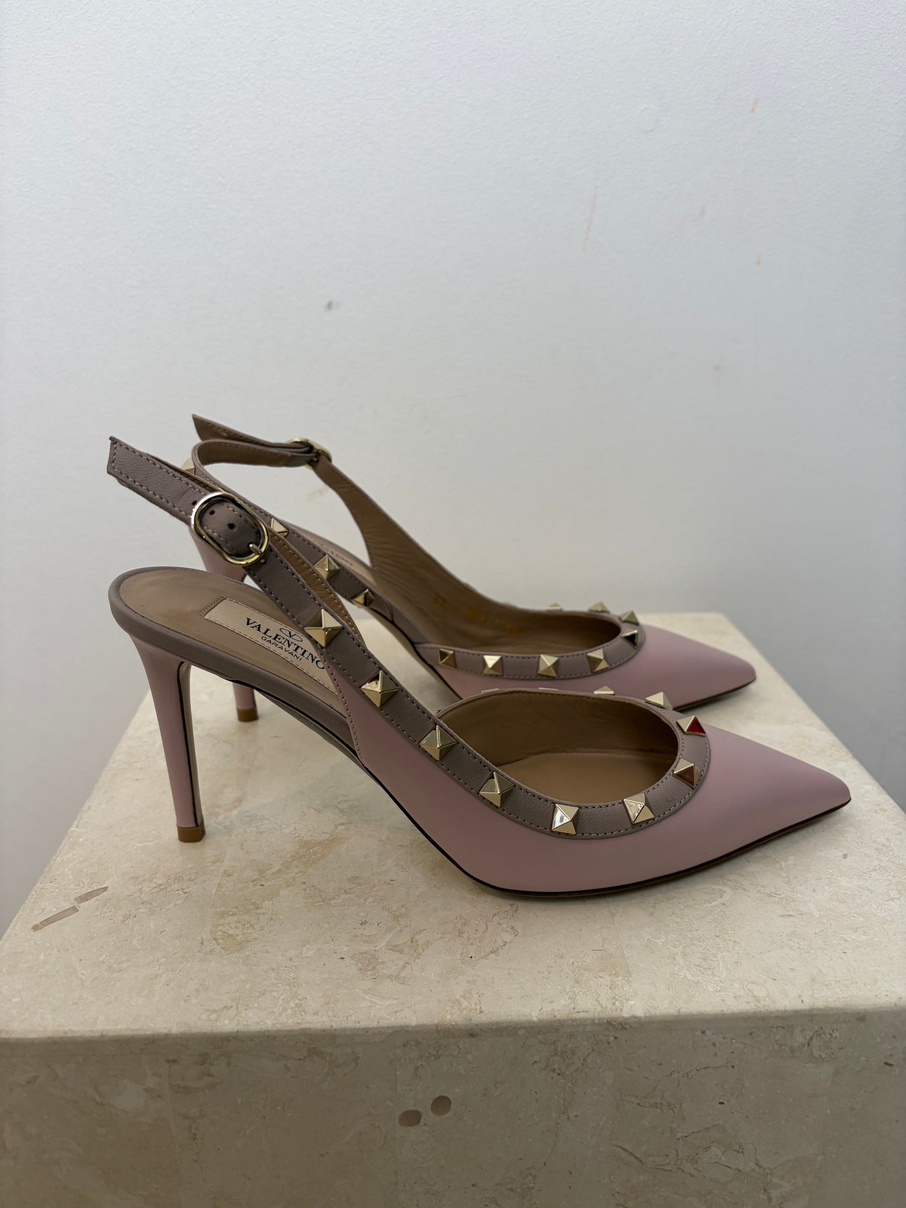 Valentino Garavani Pink Leather Rockstud Slingback Heels, 38.5