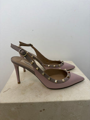 Valentino Garavani Pink Leather Rockstud Slingback Heels, 38.5