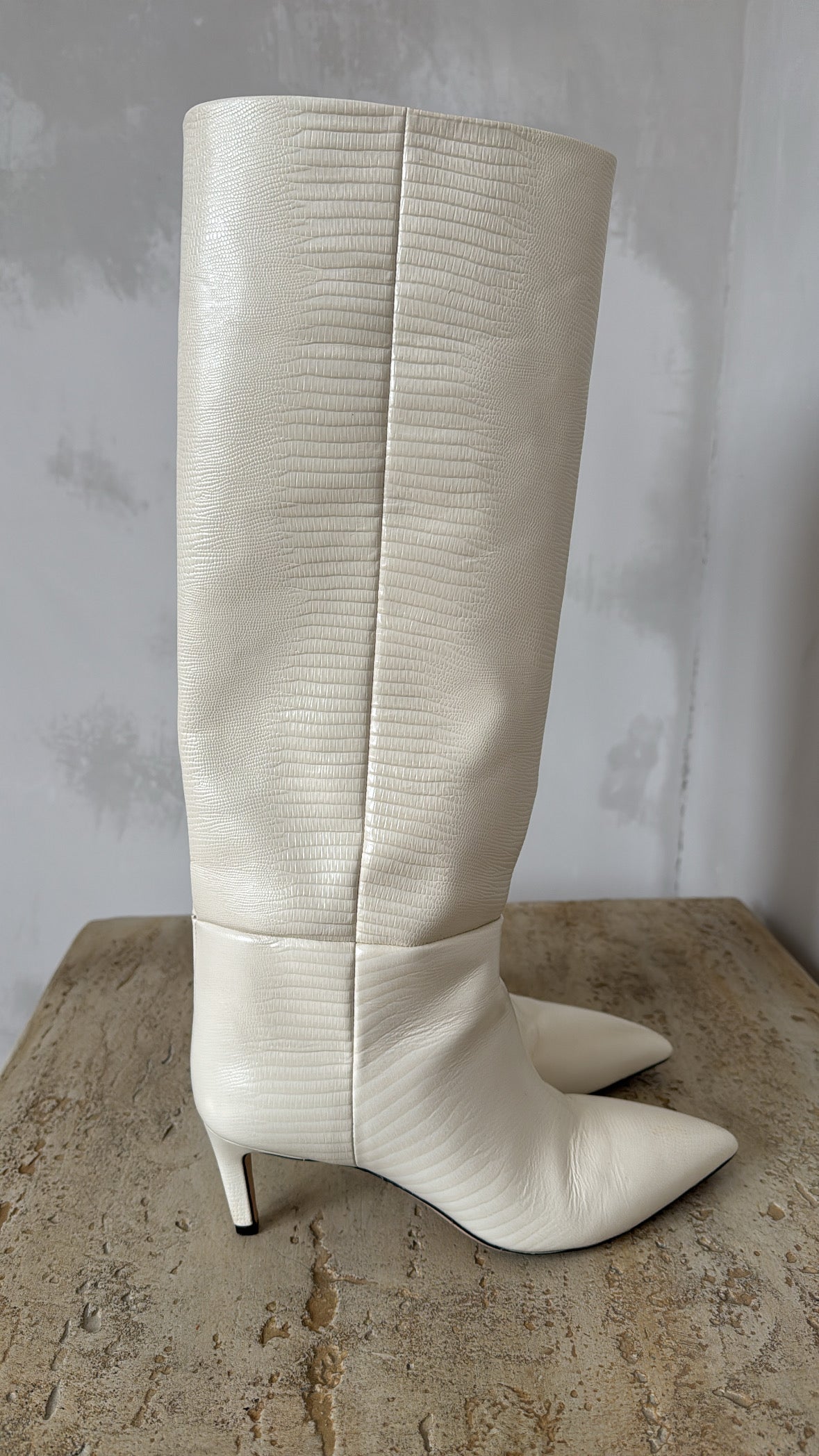Paris Texas Cream Lizard Embossed Leather Heeled Boots, 37