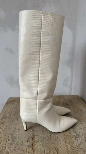 Paris Texas Cream Lizard Embossed Leather Heeled Boots, 37