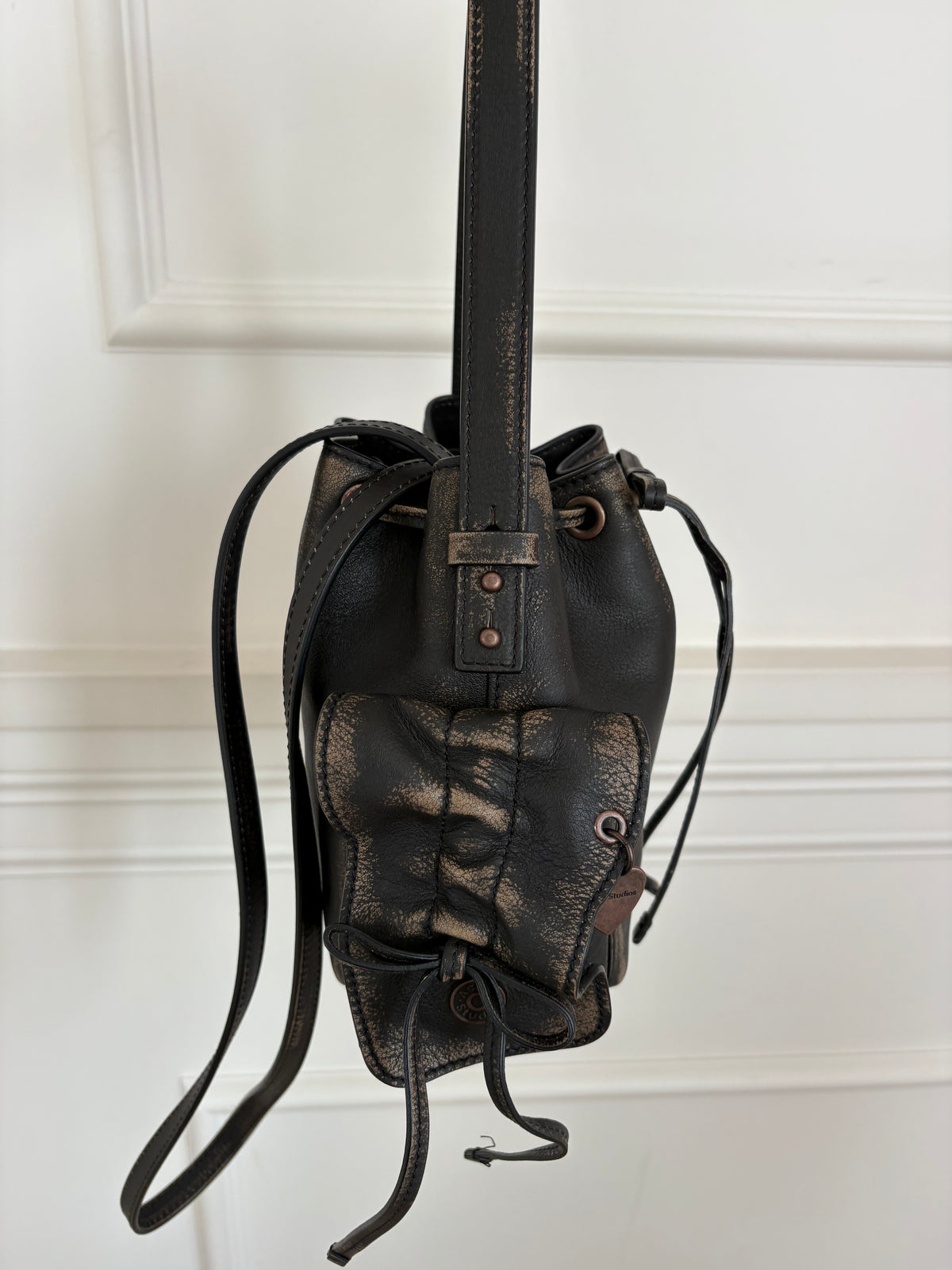 Acne Studios Brown Distressed Leather Multi Pocket Mini Bucket Bag