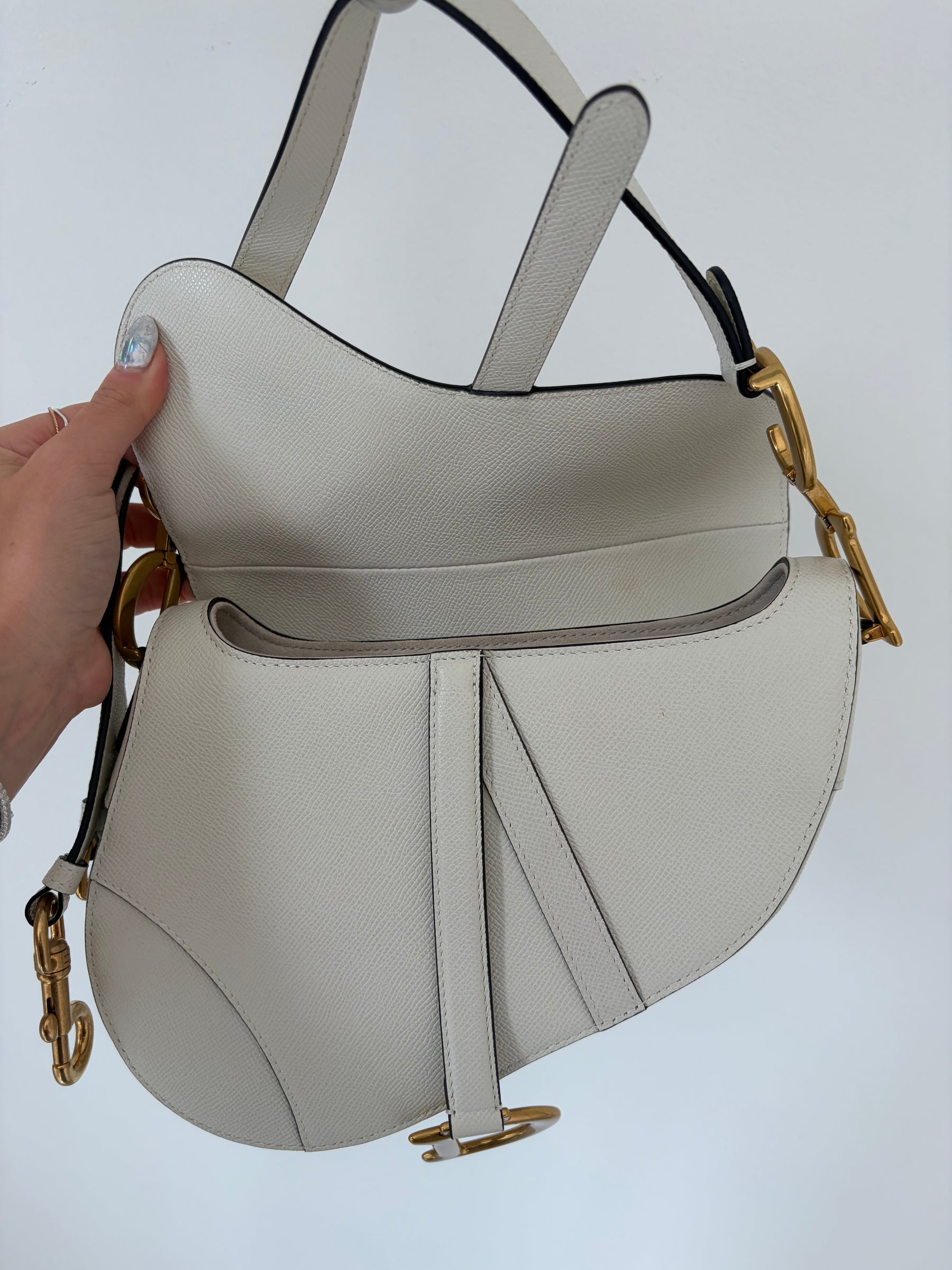 Dior White Grained Leather Saddle Bag with Strap