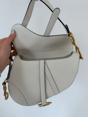 Dior White Grained Leather Saddle Bag with Strap