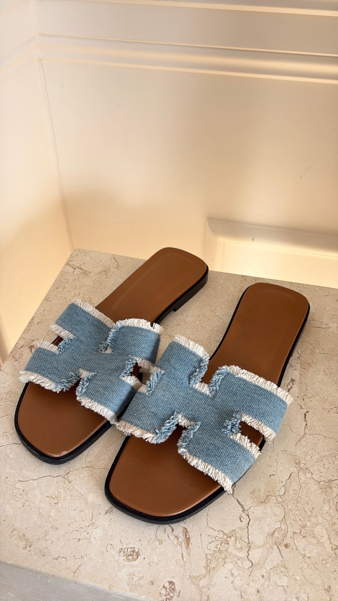 Hermès Blue Frayed Denim Oran Sandals, 38