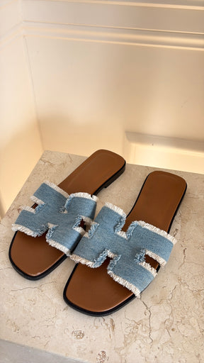 Hermès Blue Frayed Denim Oran Sandals, 38