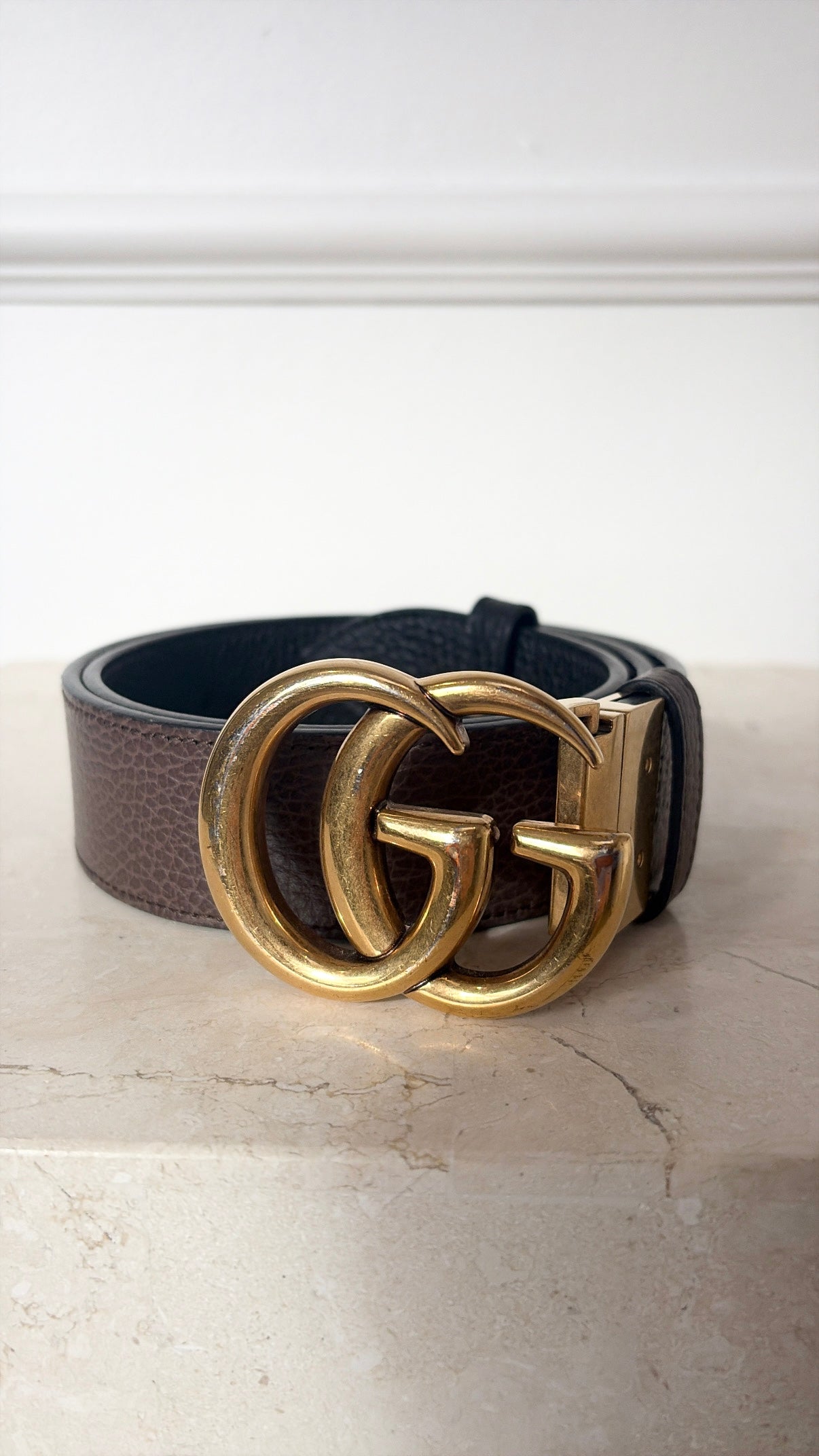 Gucci Black and Brown Reversible Leather Marmont Belt, 80