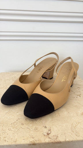 Chanel Beige Leather and Black Grosgrain Slingbacks, 36C