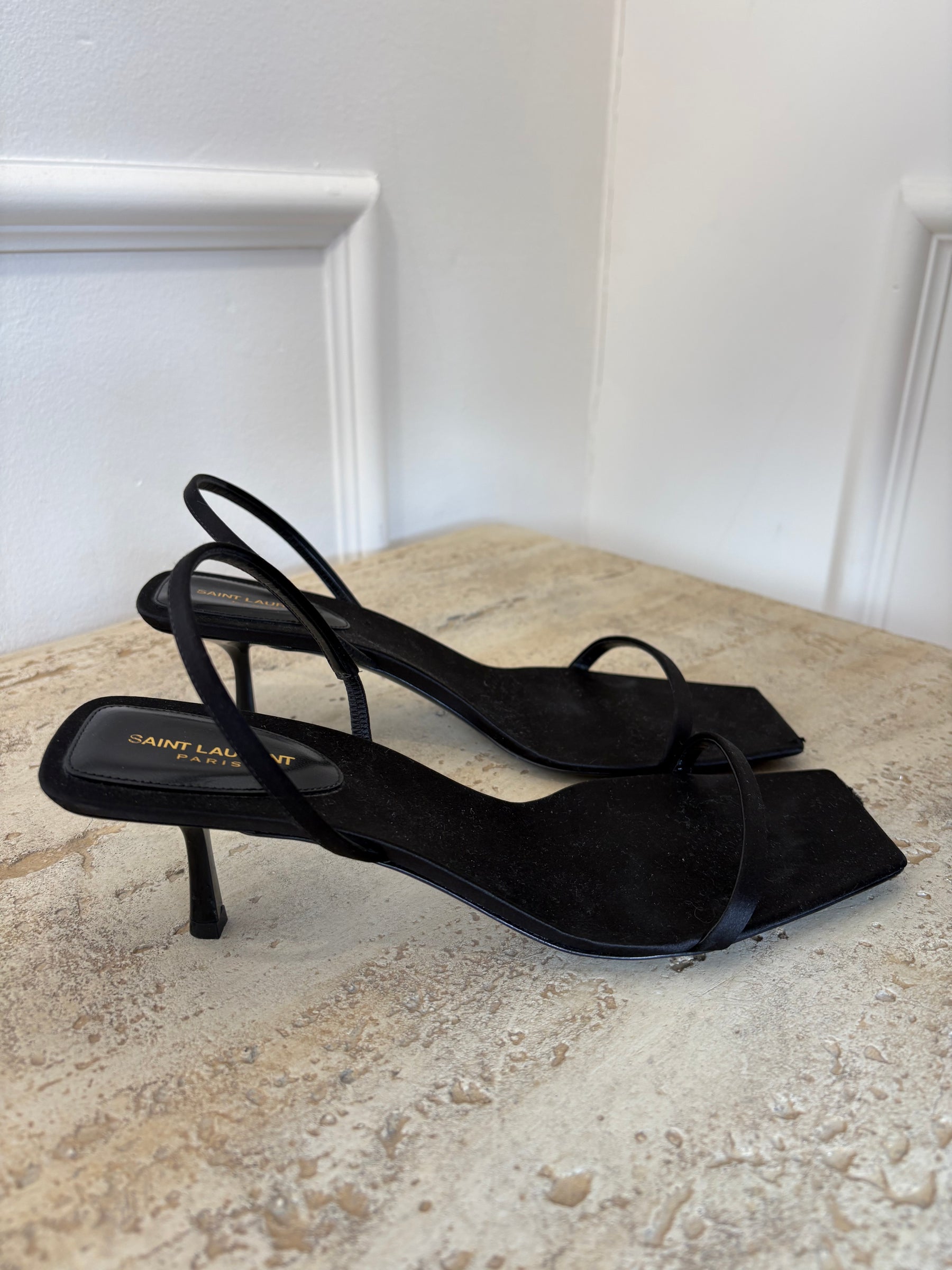 Saint Laurent Black Jaspe Satin Crêpe Sandals, 41