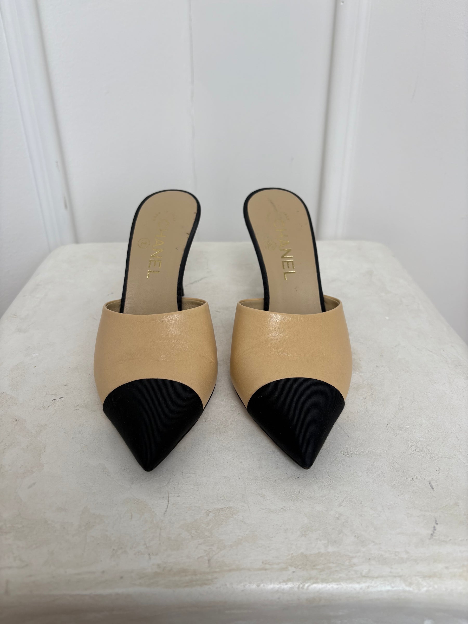 Chanel Beige Leather and Black Grosgrain Pointed Pearl Heel Mule, 37C