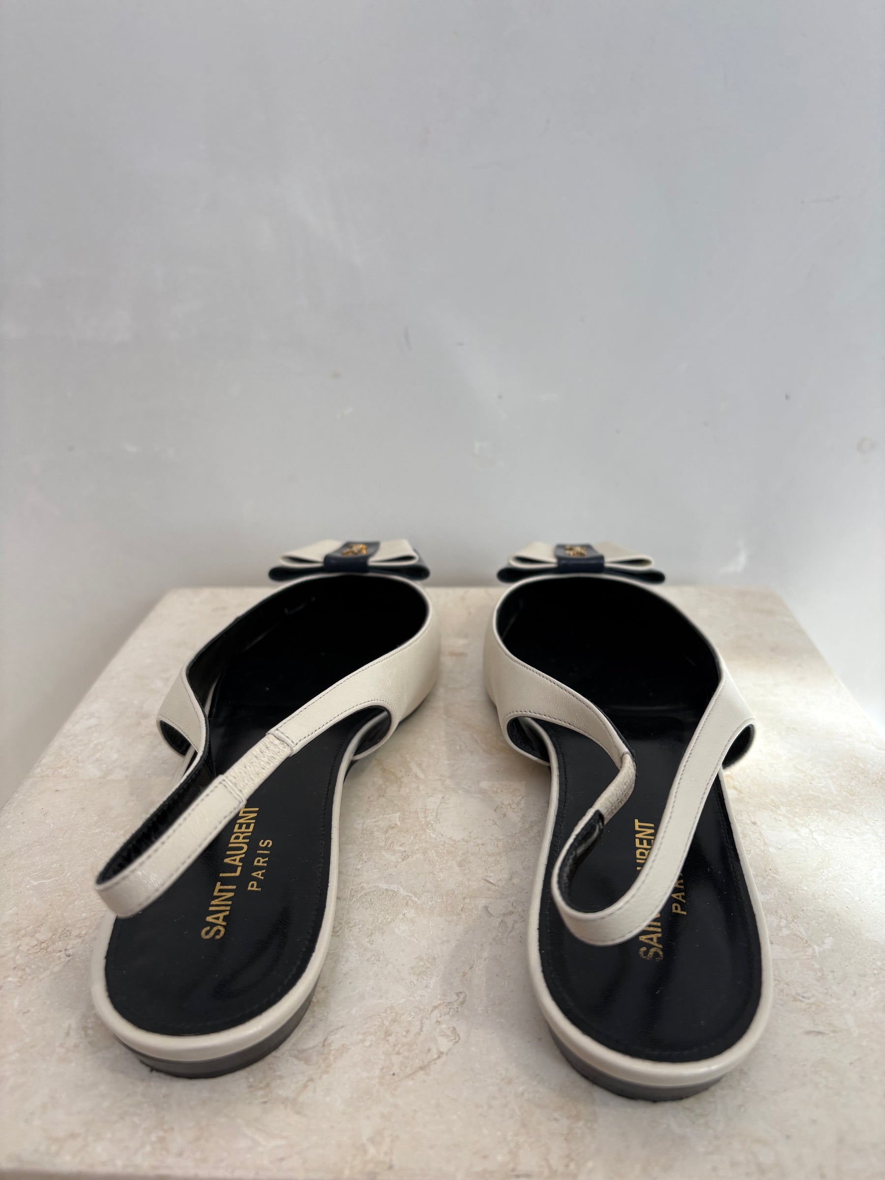 Saint Laurent Ecru and Navy Leather Pointed Logo Slingback Flats, 40