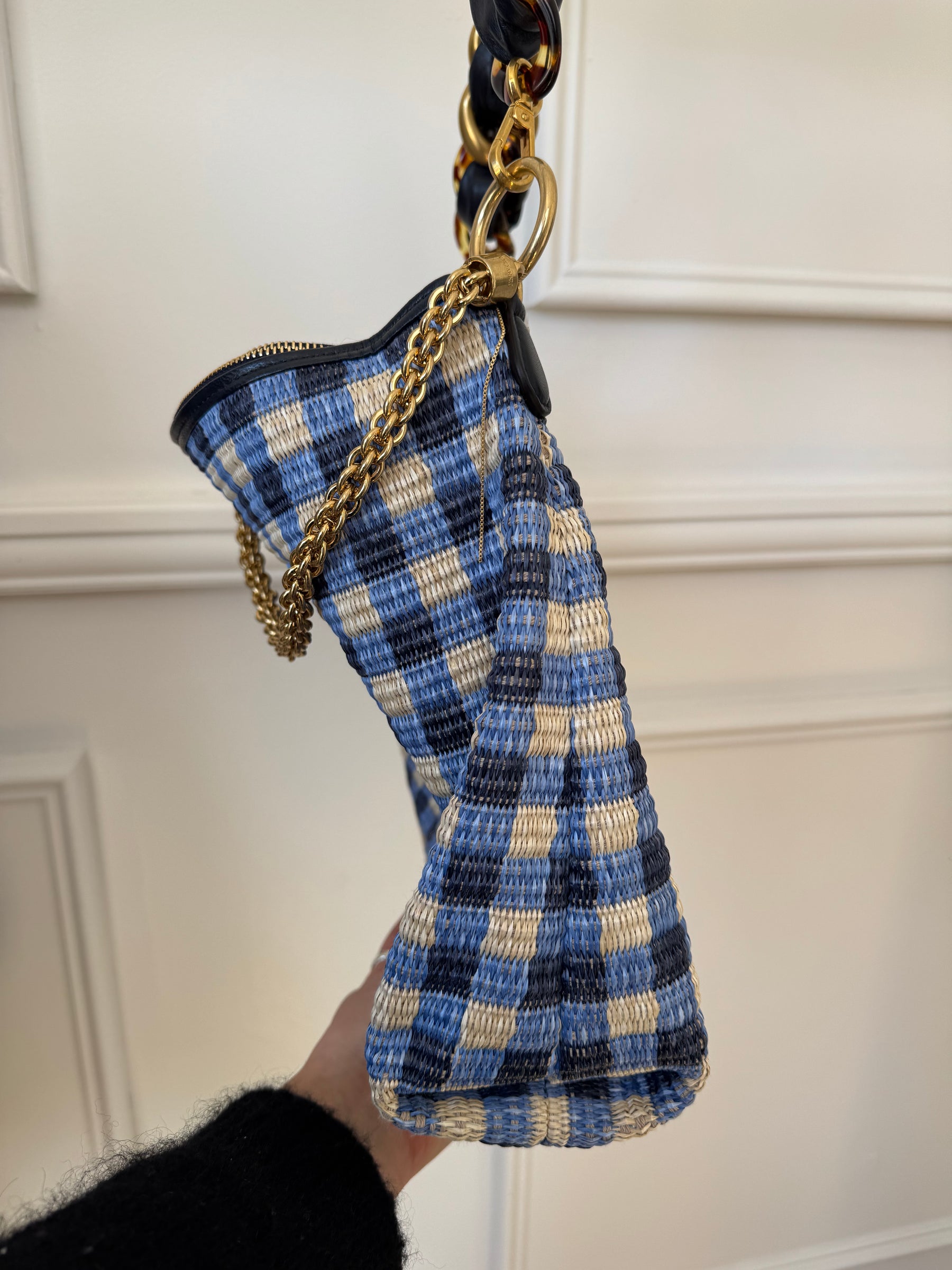 Jimmy Choo Blue Navy and Beige Checked Raffia Cali Maxi Bag