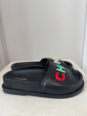 Chanel Black Leather Multi Logo Slides, 36.5C