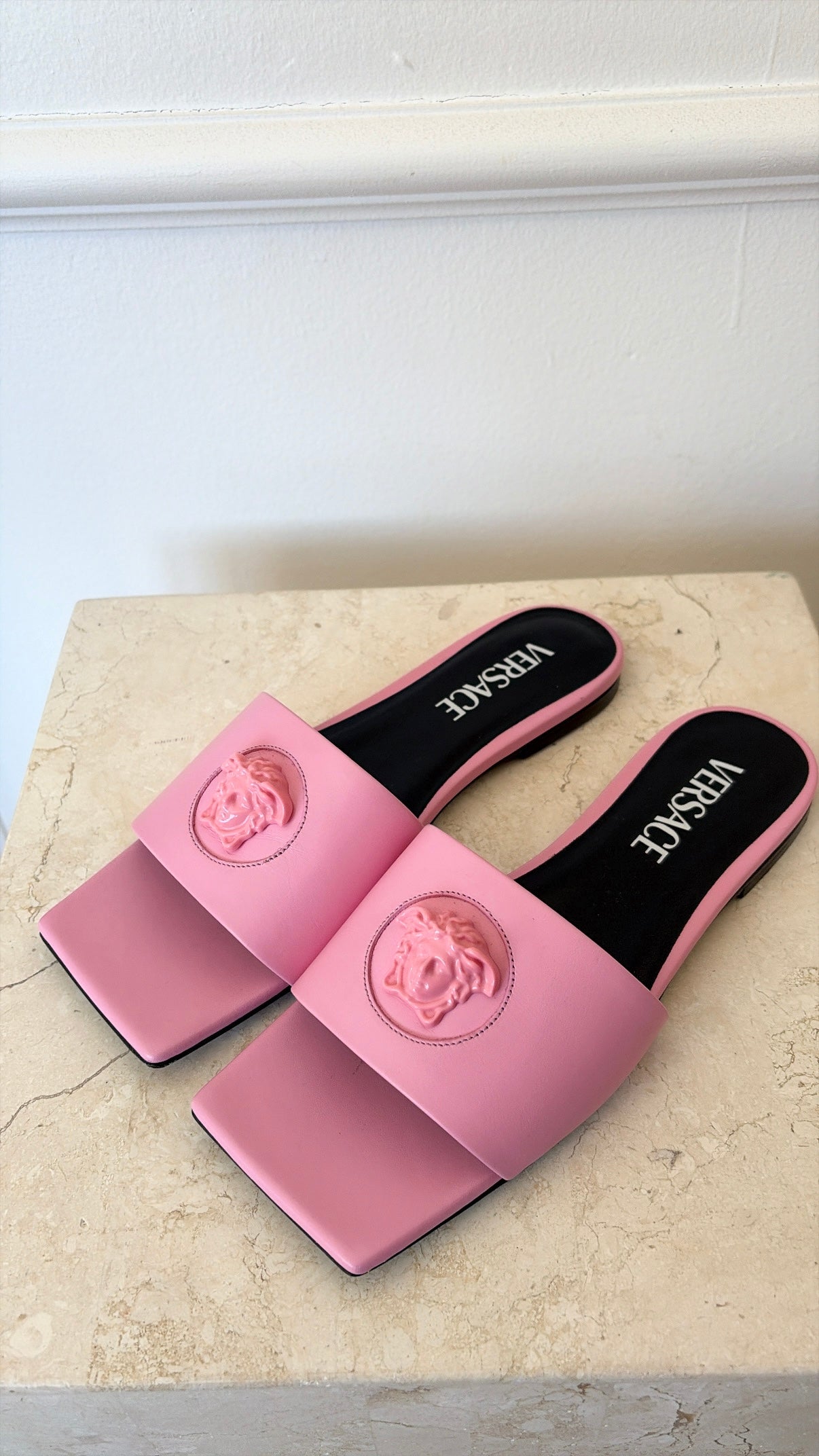 Versace Pink Madusa Head Slides, 35
