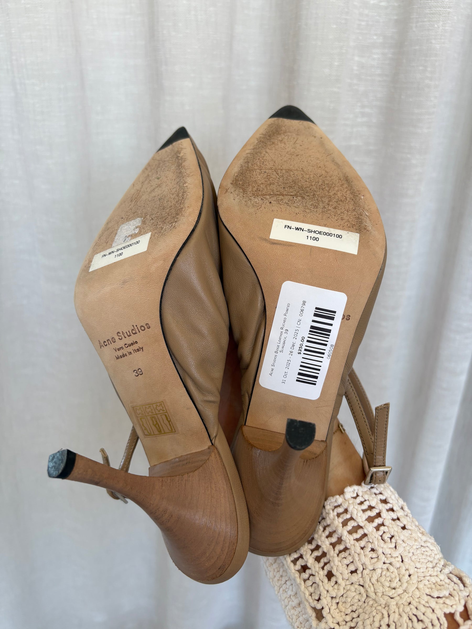 Acne Studios Beige Leather Ruched Pointed Slingback, 39