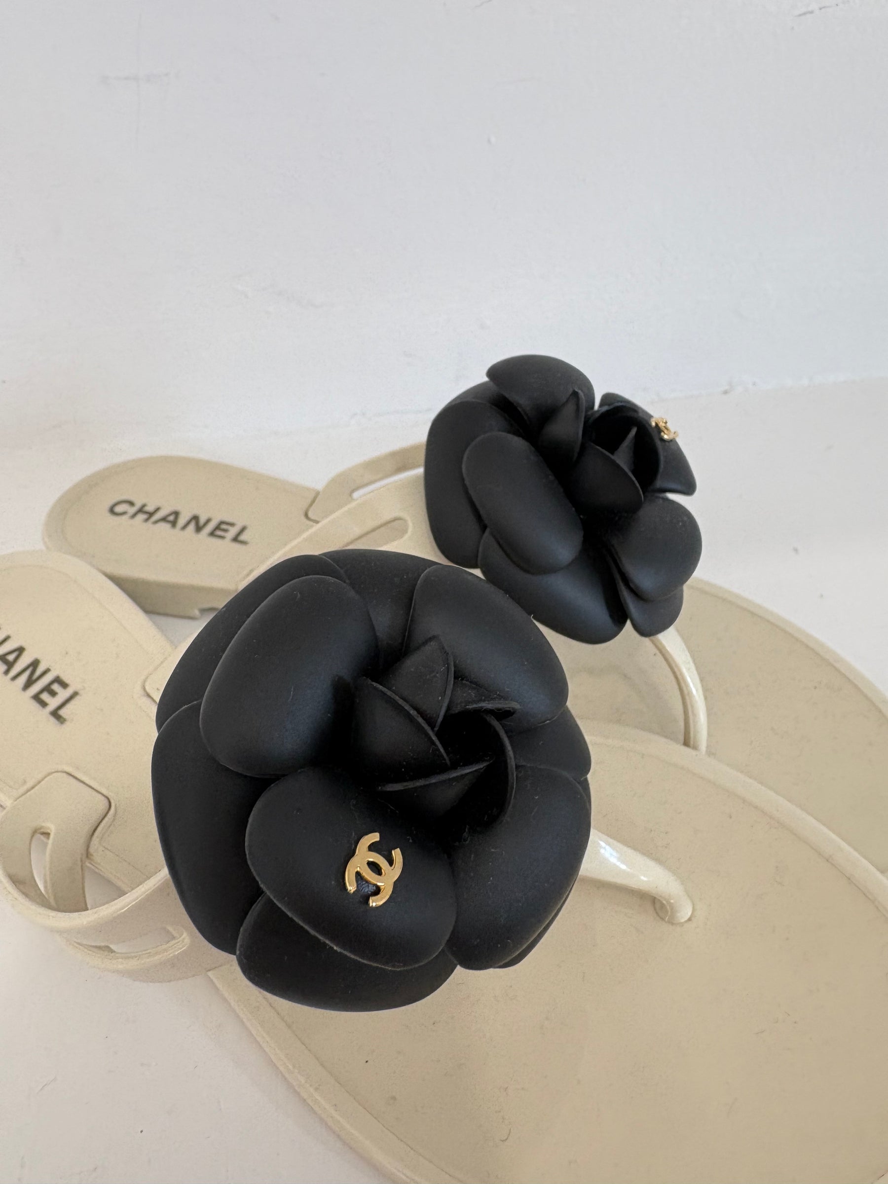 Chanel White Rubber Thong with Black Camellia, 38