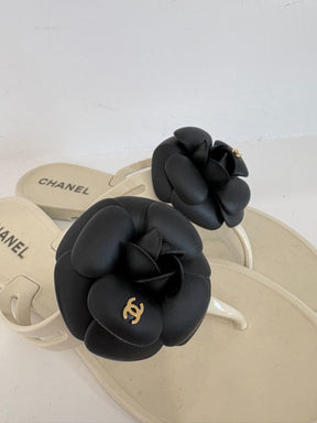 Chanel White Rubber Thong with Black Camellia, 38