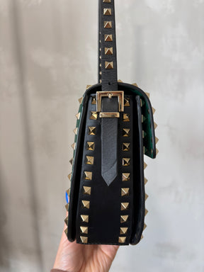 Valentino Rockstud Glam Lock Shoulder Bag In Green Black Trim