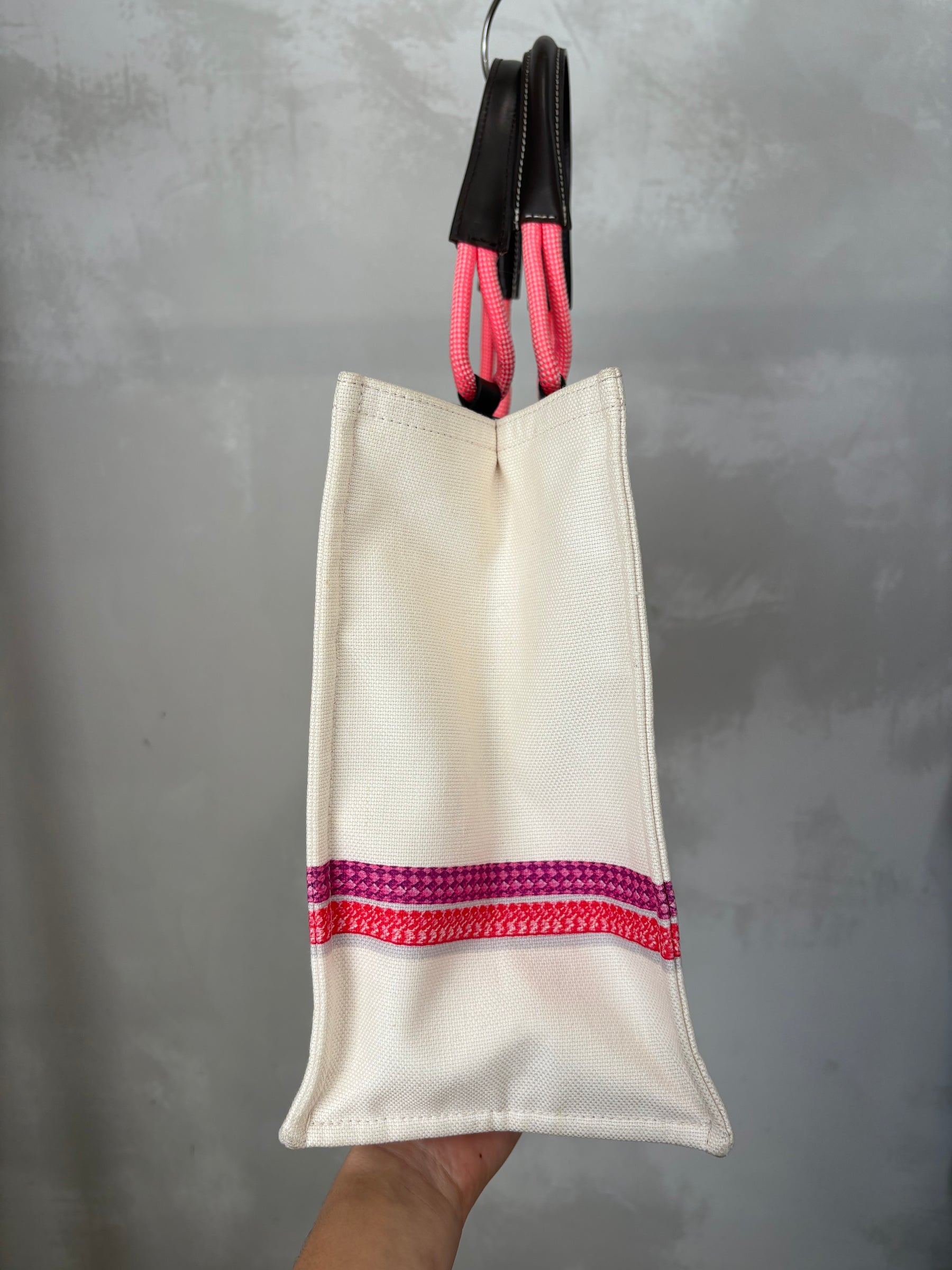 Longchamp Cream Pink and Purple Rope Print Canvas Tote