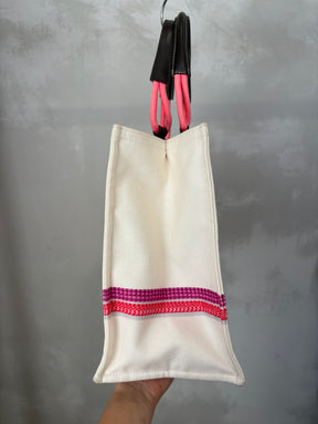 Longchamp Cream Pink and Purple Rope Print Canvas Tote