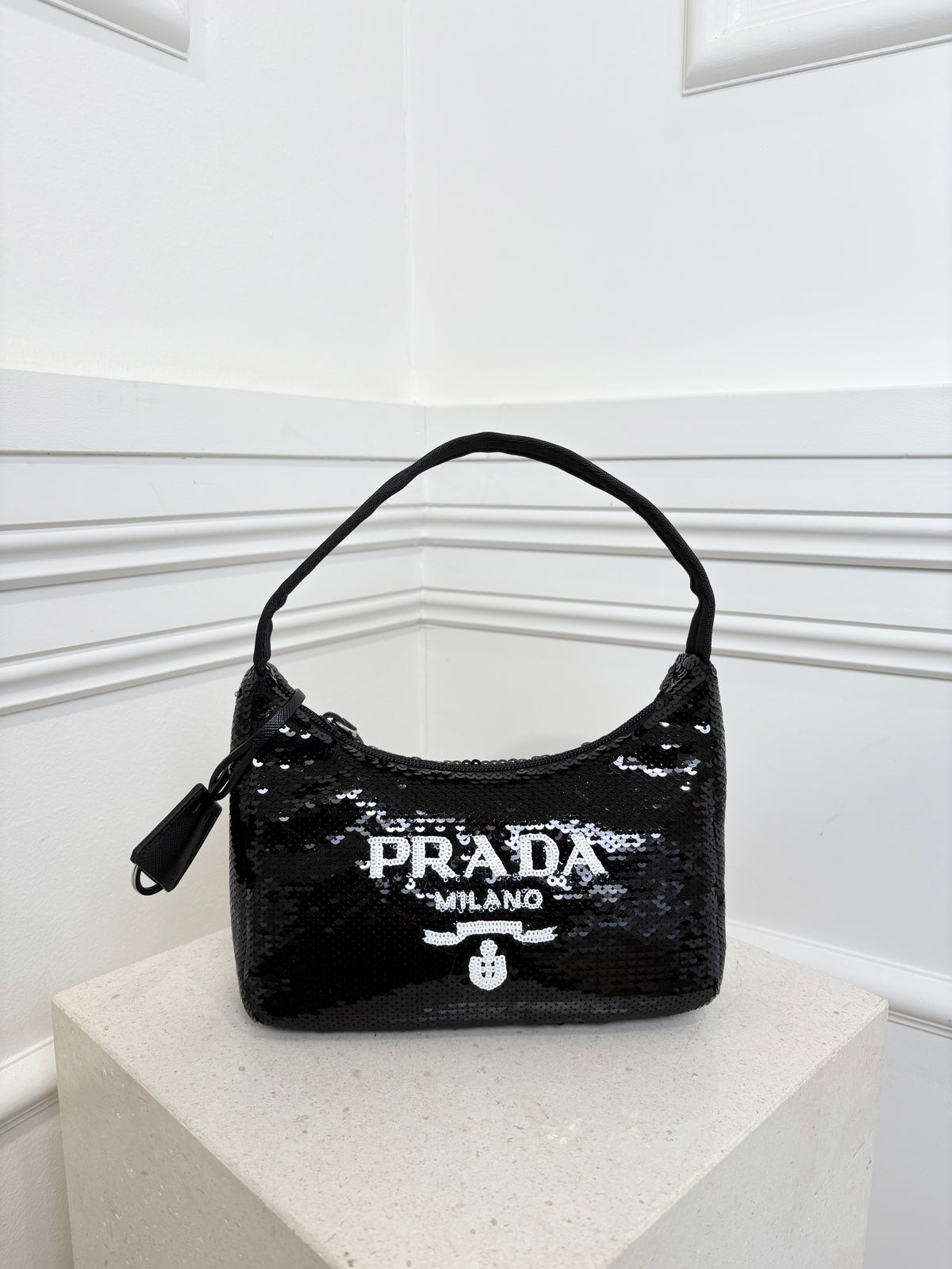 Prada Black Sequin Logo Re-edition Shoulder Bag