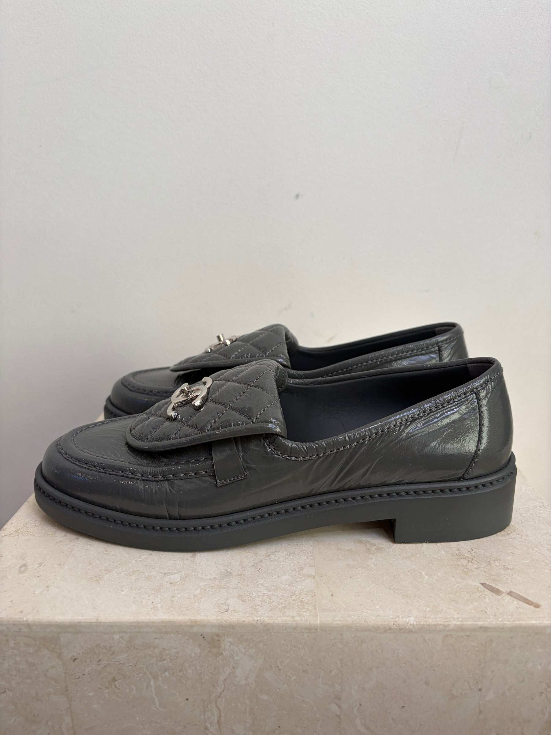 Chanel Grey Patent Leather Turn Lock Loafers, 38.5C