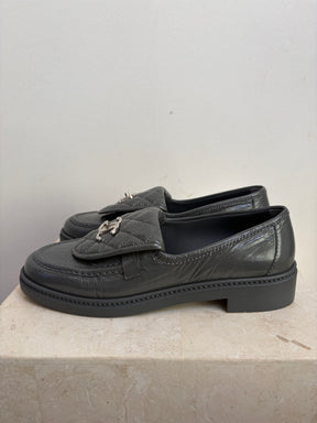 Chanel Grey Patent Leather Turn Lock Loafers, 38.5C