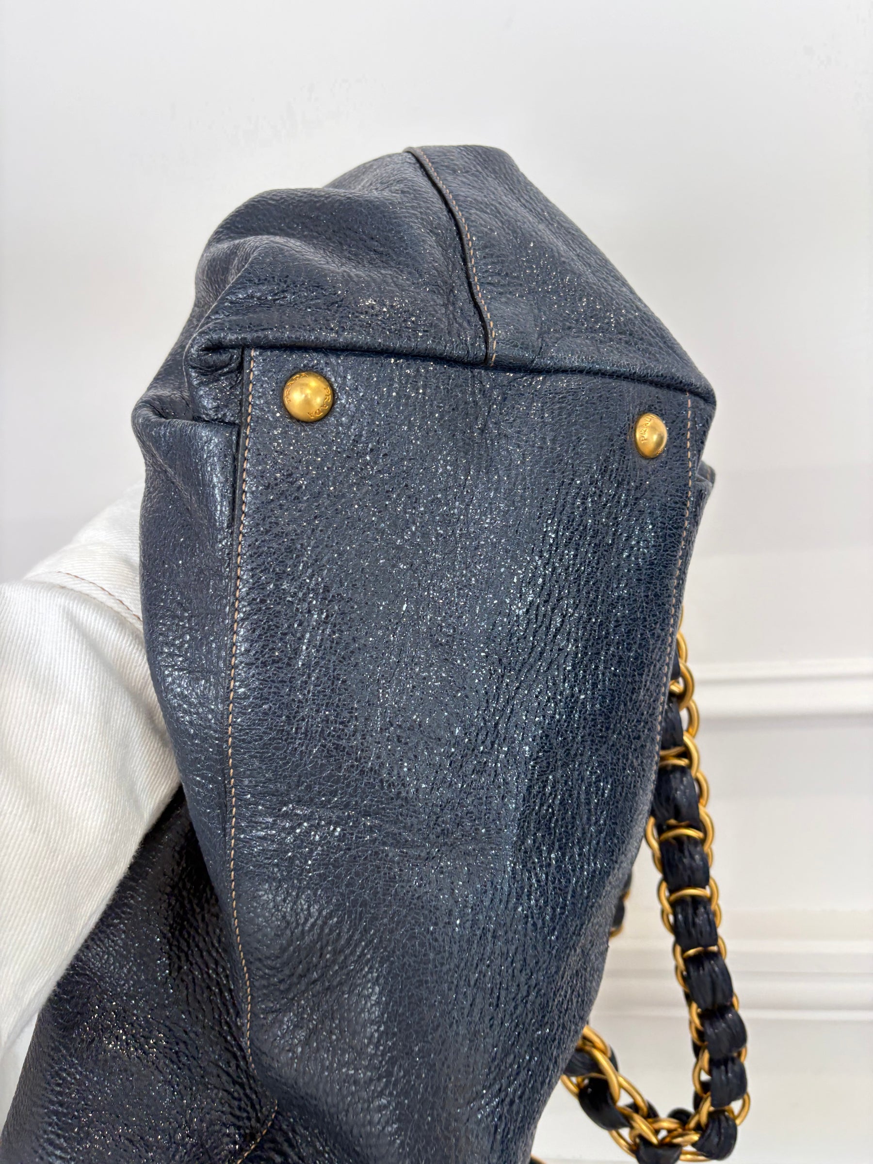Prada Navy Craquele Cervo Lux Chain Tote Bag