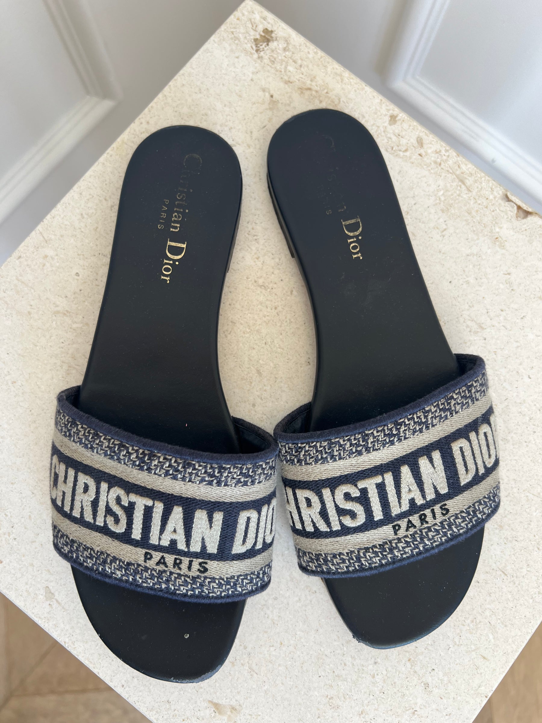 Dior Navy Logo D Way Slides, 37.5