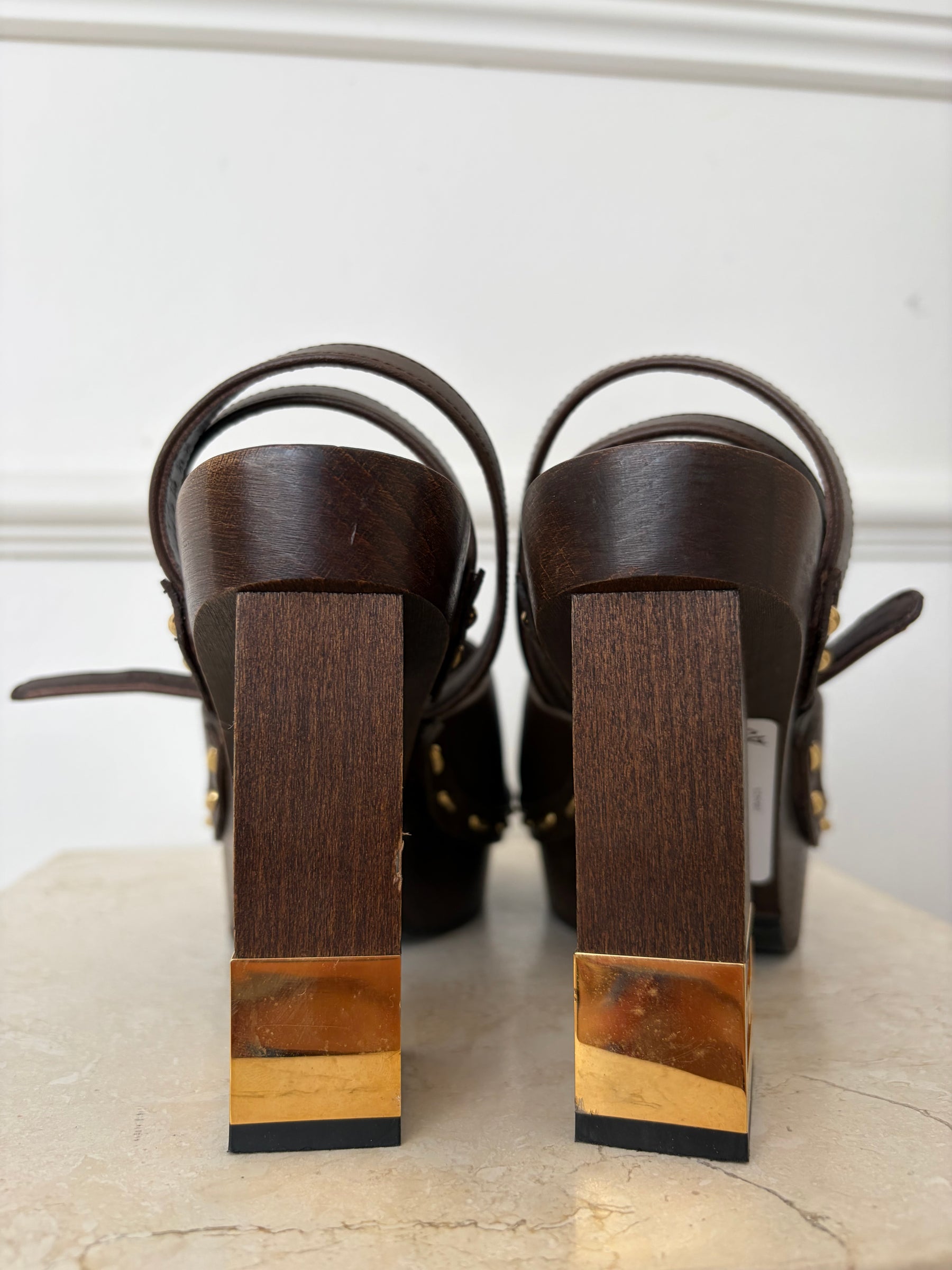 Fendi Brown Leather Platform Logo Heel Clogs, 38