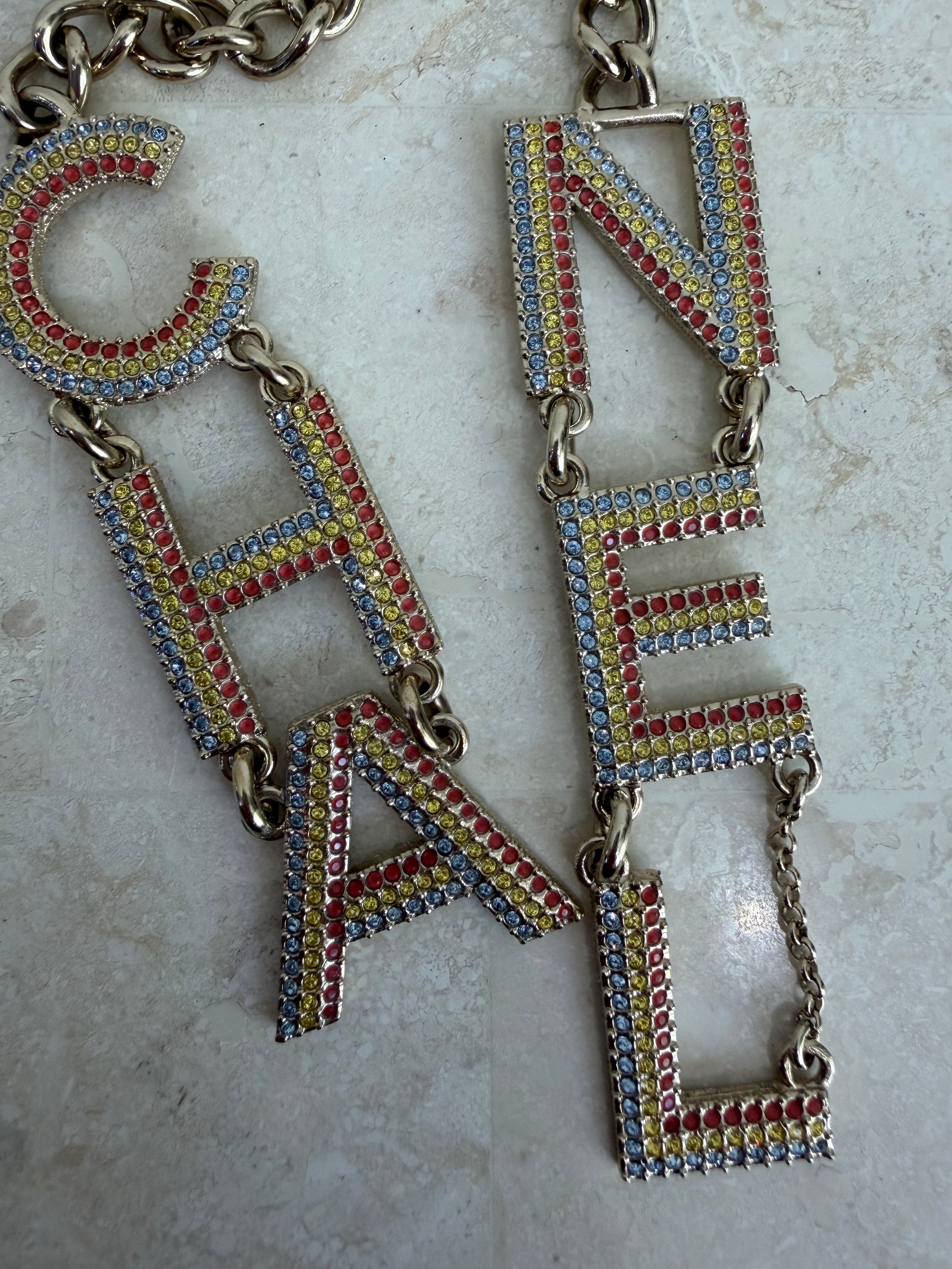 Chanel Champagne Chain Multi Crystal Logo Drop Necklace