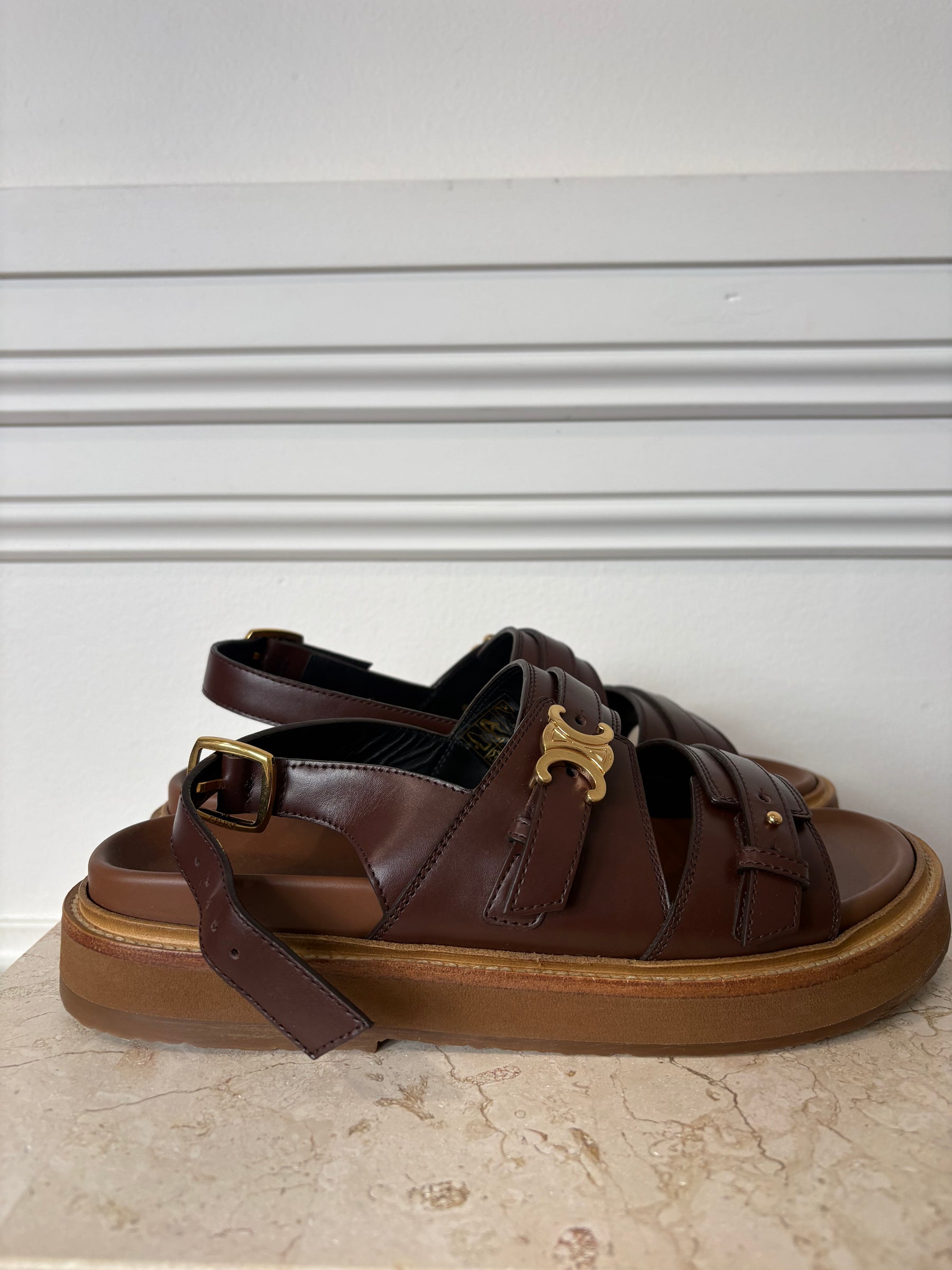 Celine Tippi Triomphe Sandals In Dark Brown, 38