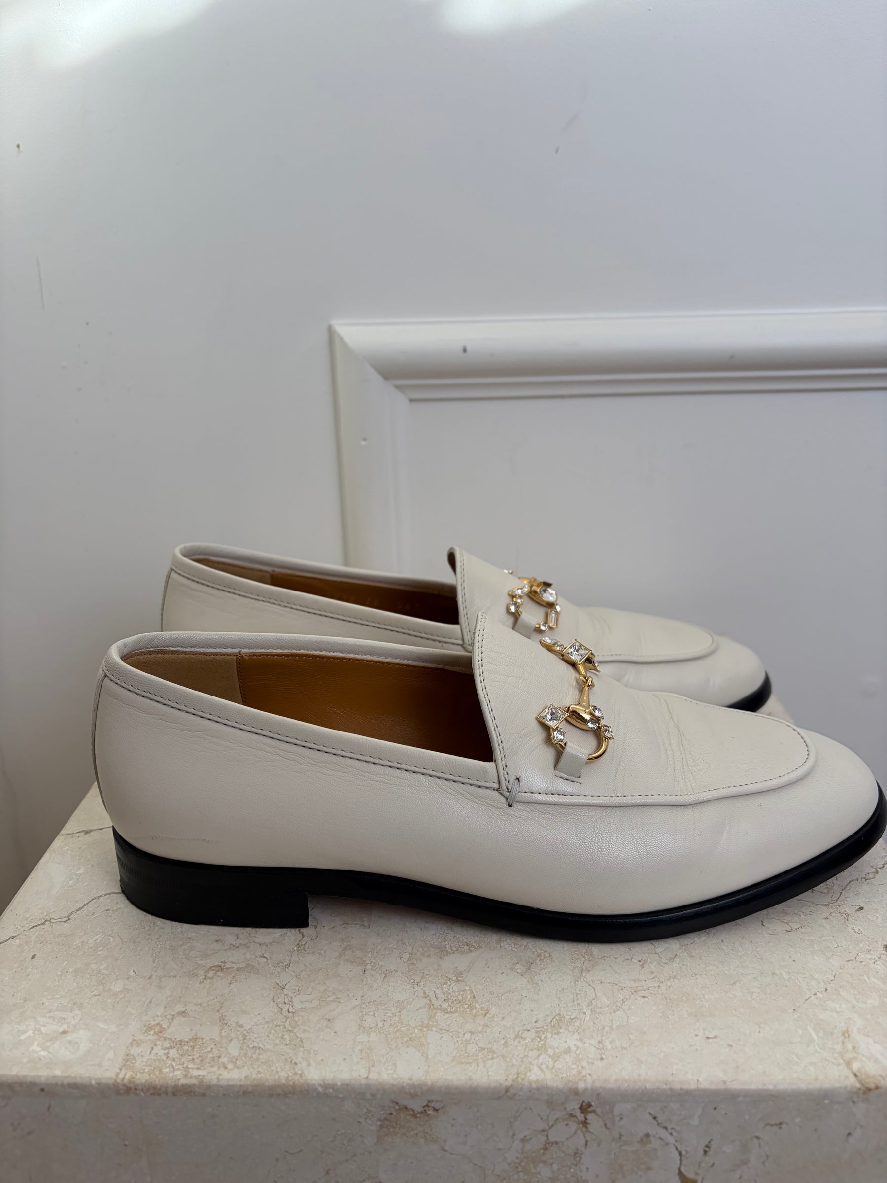 Gucci White Leather Crystal Jordaan Loafers, 38