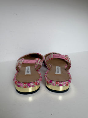 Aquazzura Pink Tweed Slingback Flats with Black Toe Cap, 36.5