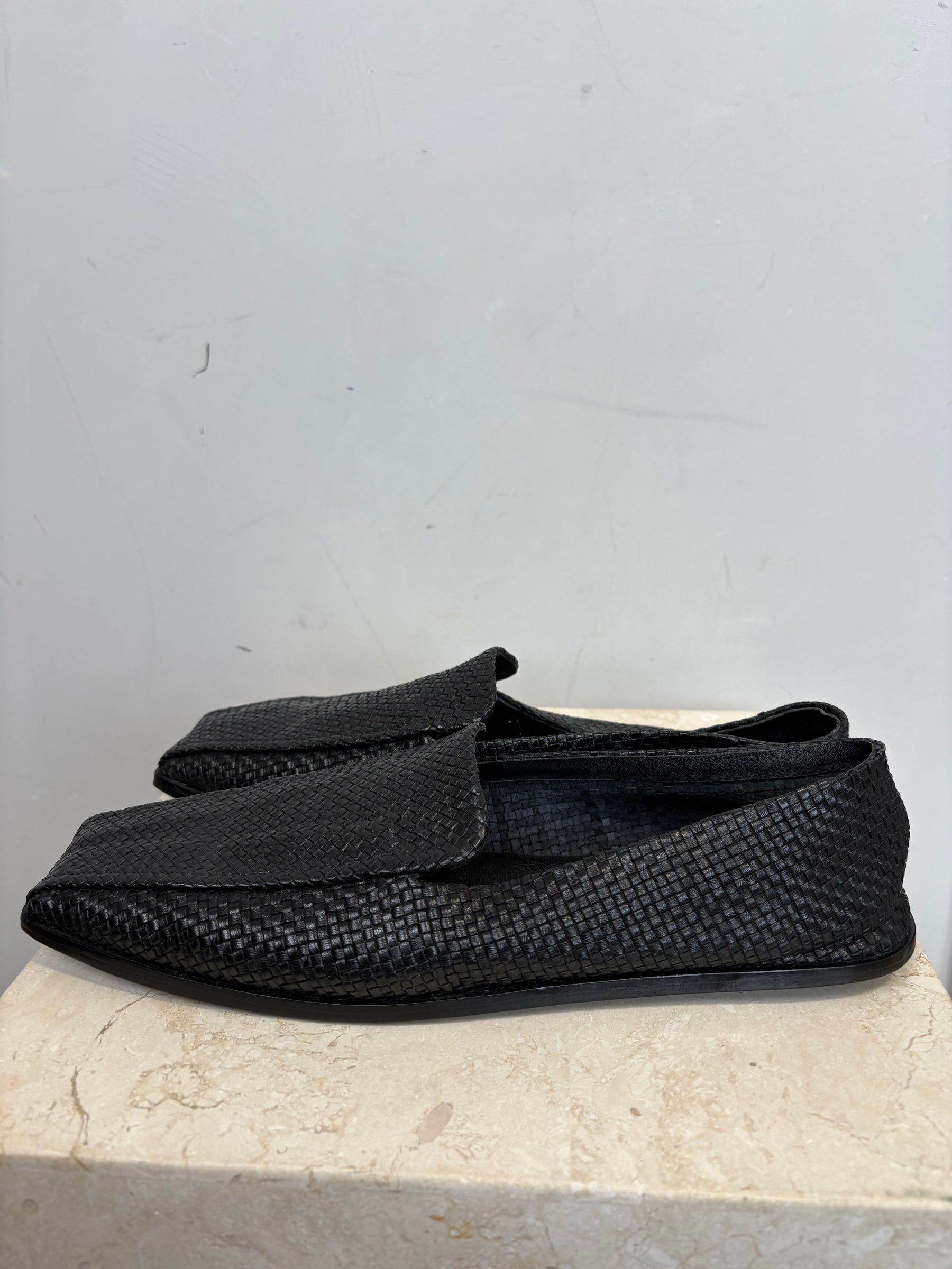 St. Agni Black Woven Leather Square Toe Flats, 40
