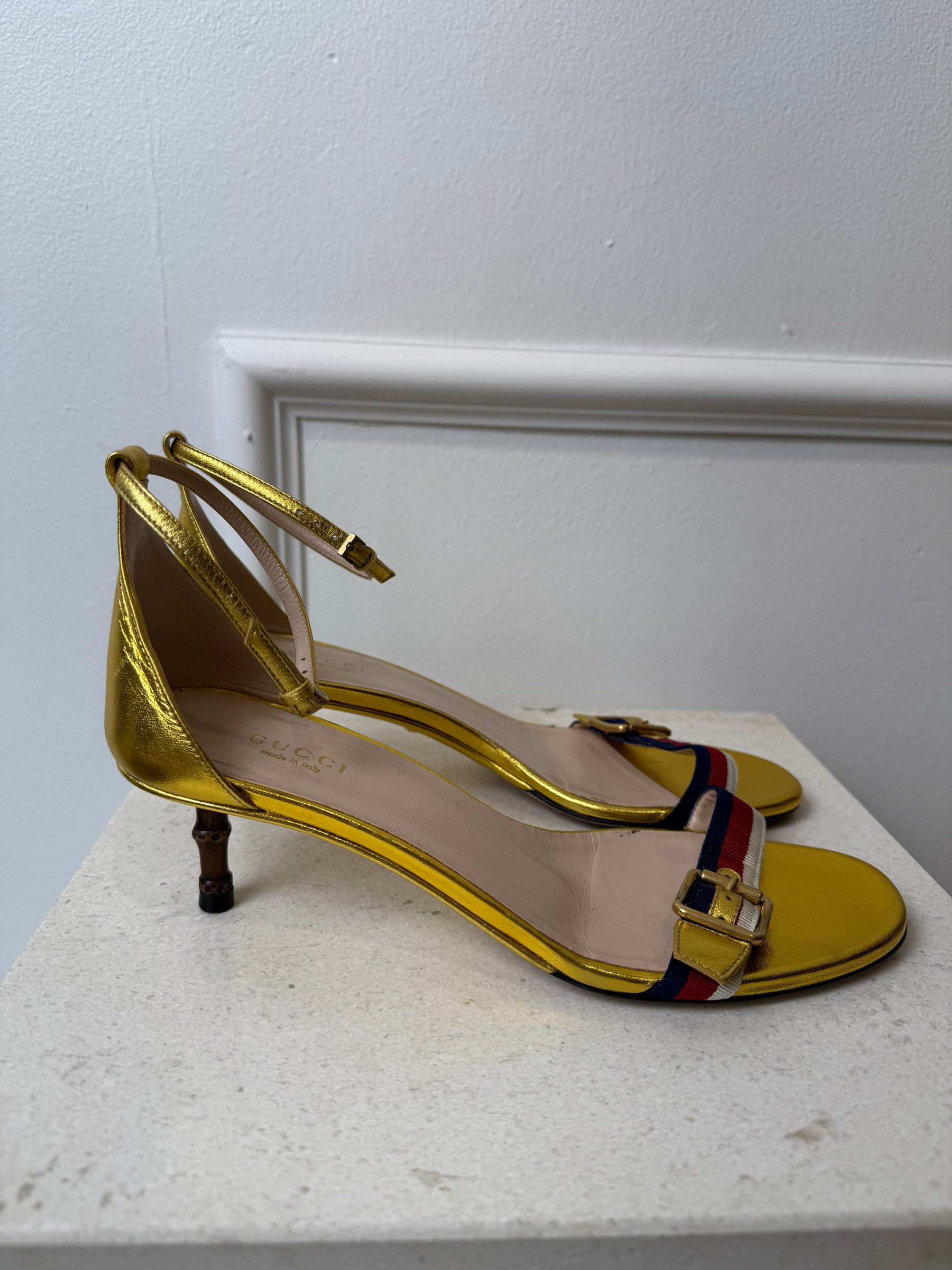 Gucci Gold Blue Red and White Strappy Bamboo Heel, 38.5