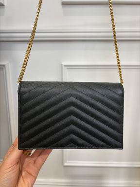 Saint Laurent Black Chevron Quilted Envelope Chain Wallet