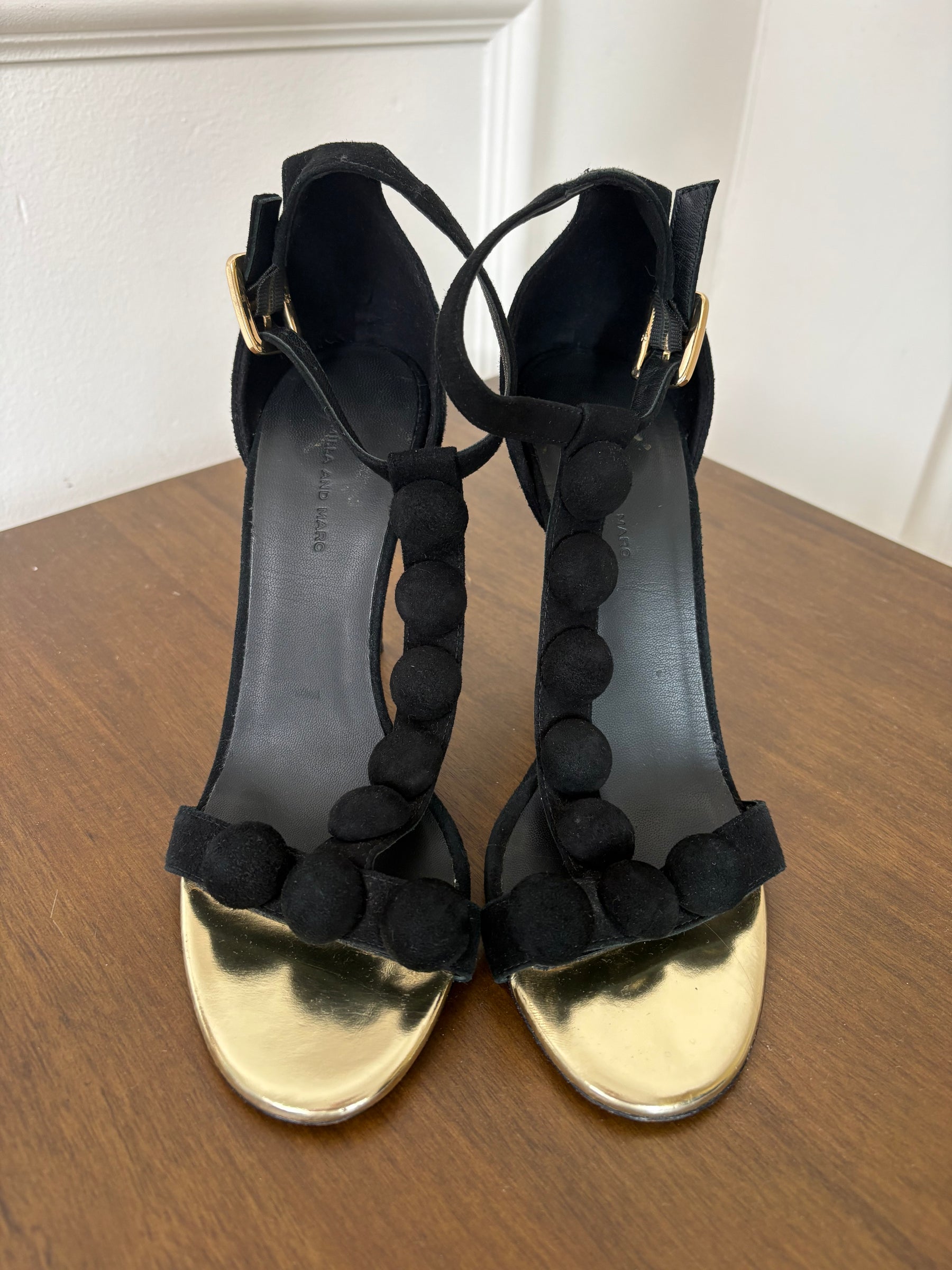 Camilla and Marc Suede T Bar Pom Pom Ankle Strap Heels, 40