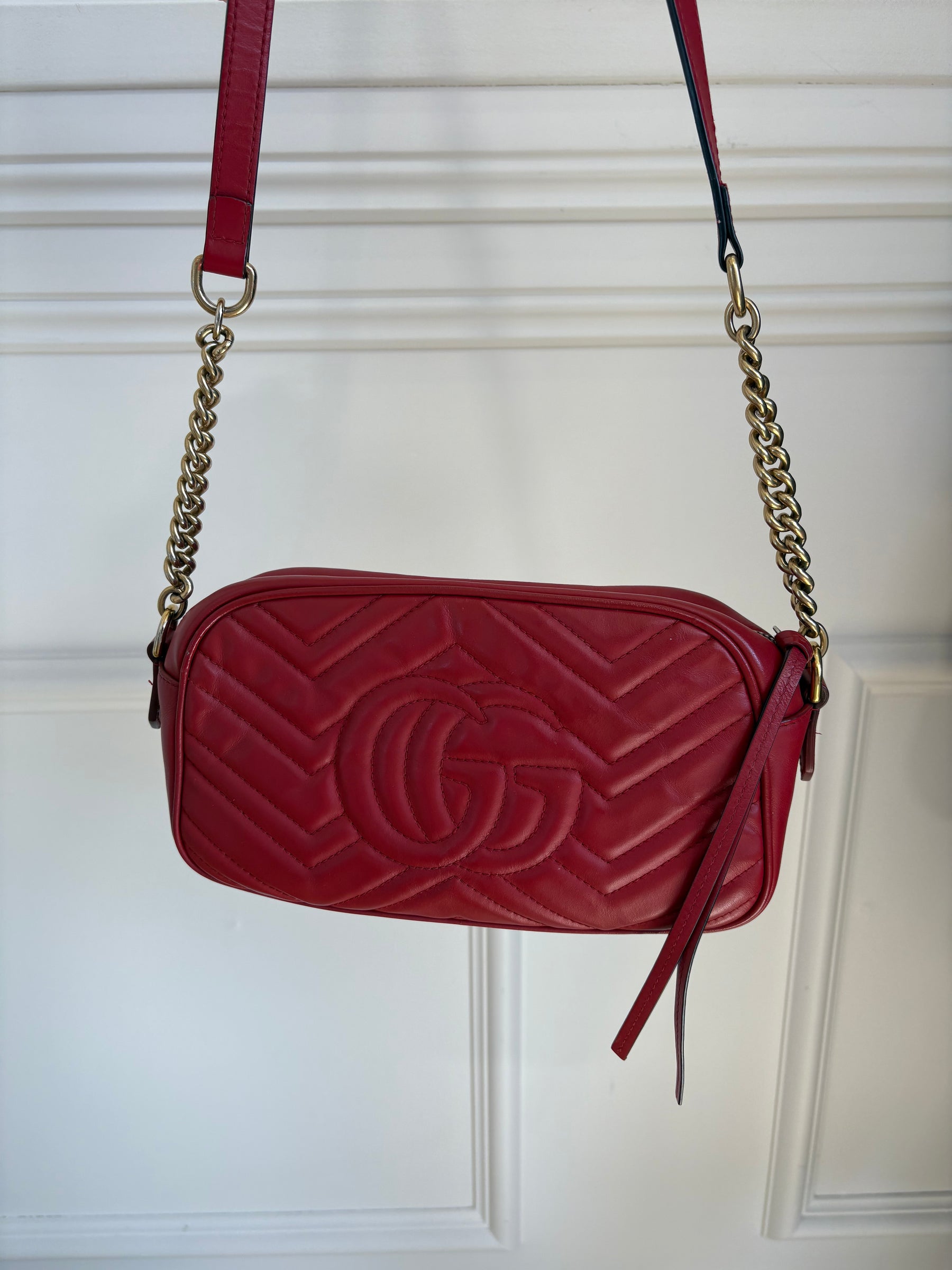 Gucci Red Chevron Quilted Marmont Small Camera Bag