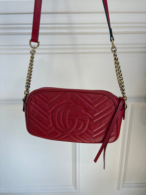 Gucci Red Chevron Quilted Marmont Small Camera Bag