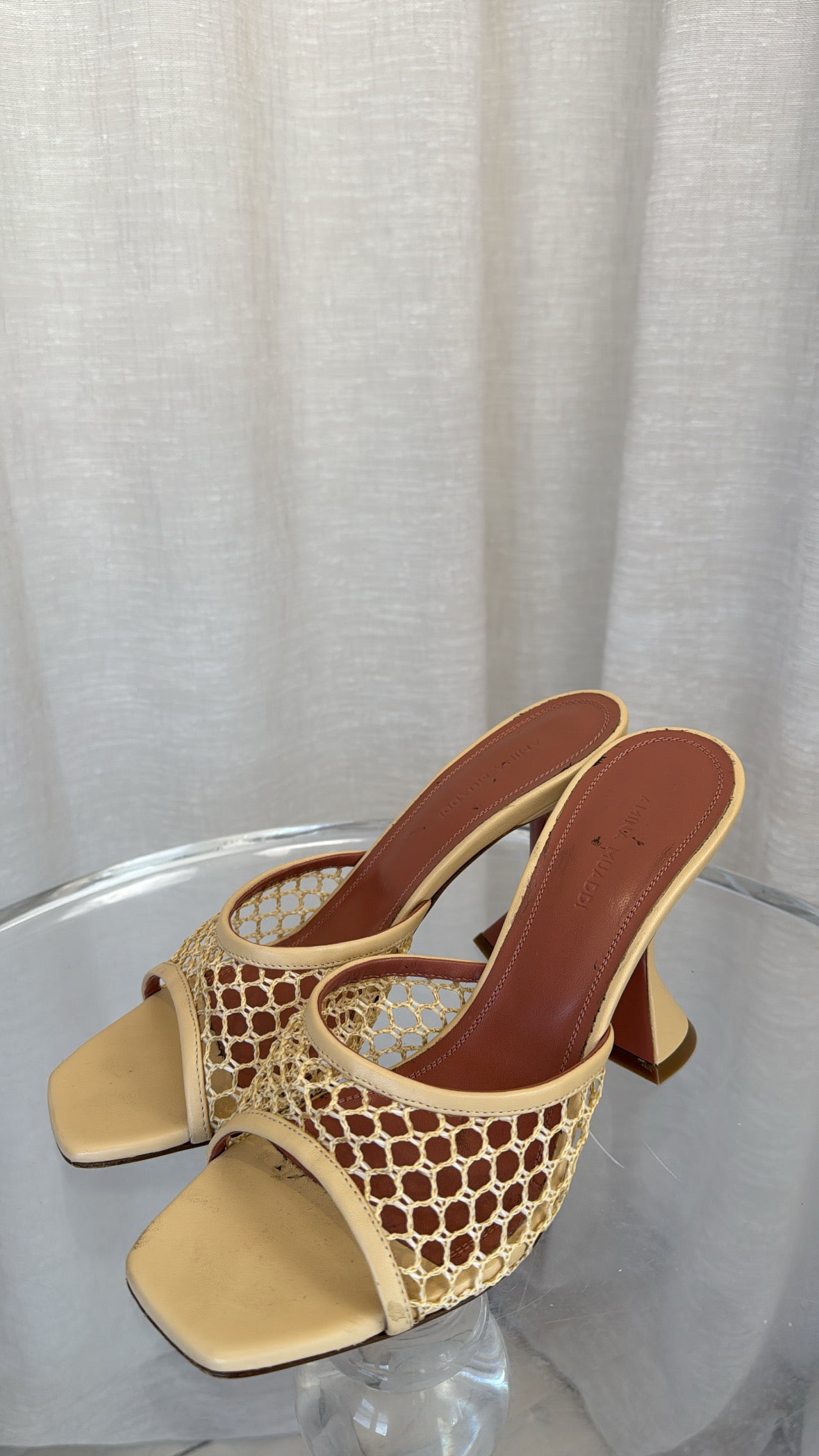 Amina Muaddi Beige Netted Mules, 38