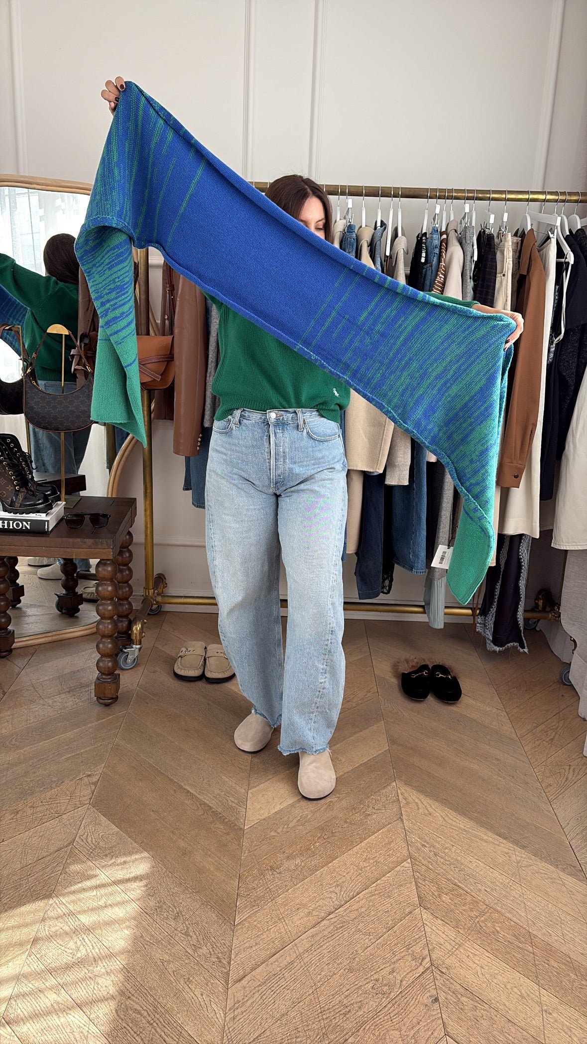 The Elder Statesmen Blue and Green Knitted Cashmere Scarf