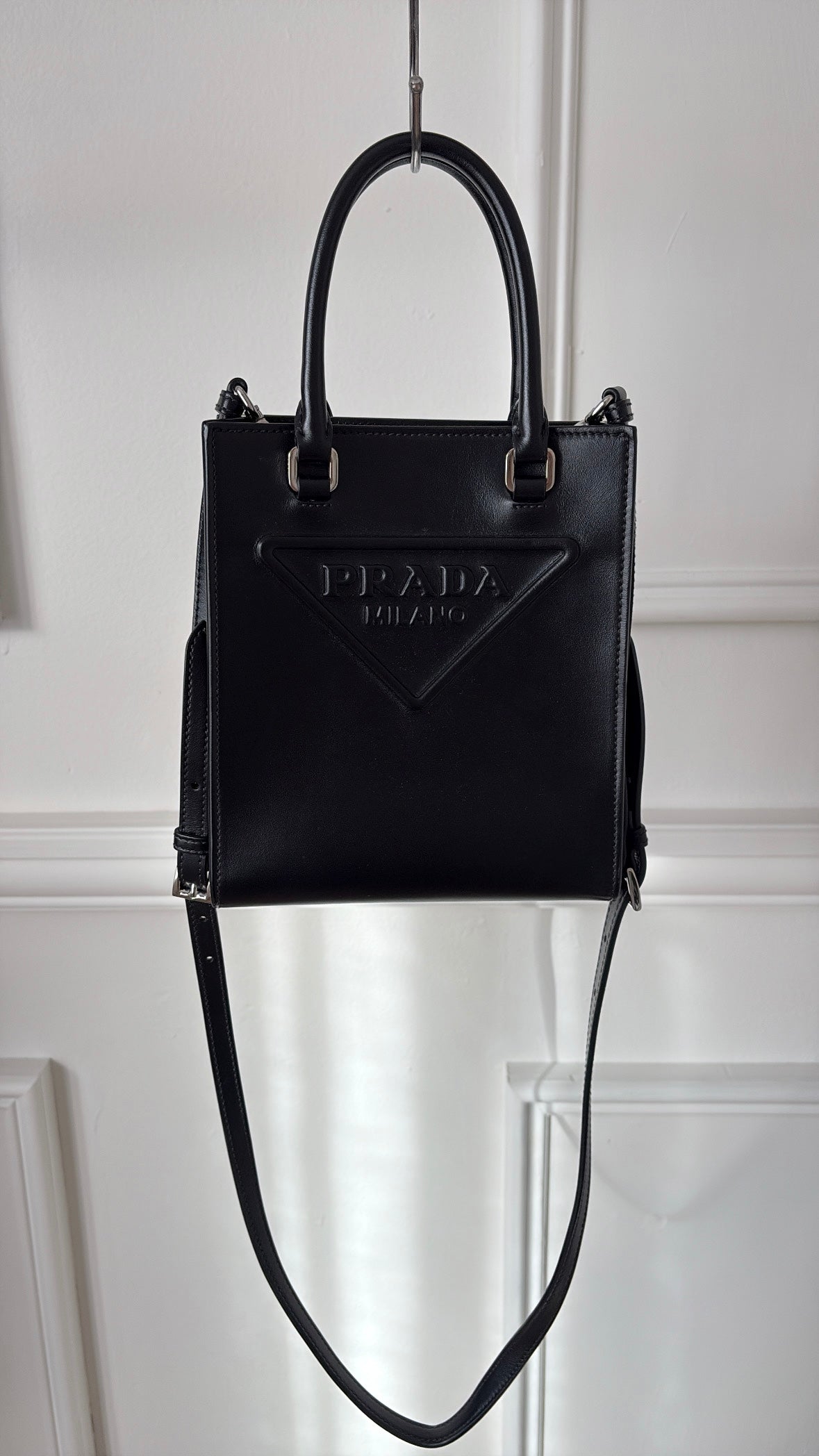 Prada Black Leather Triangle Logo Mini Tote