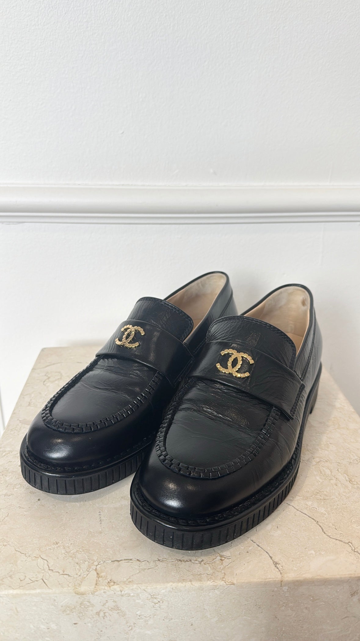 Chanel Black Leather CC Logo Loafer, 37.5C