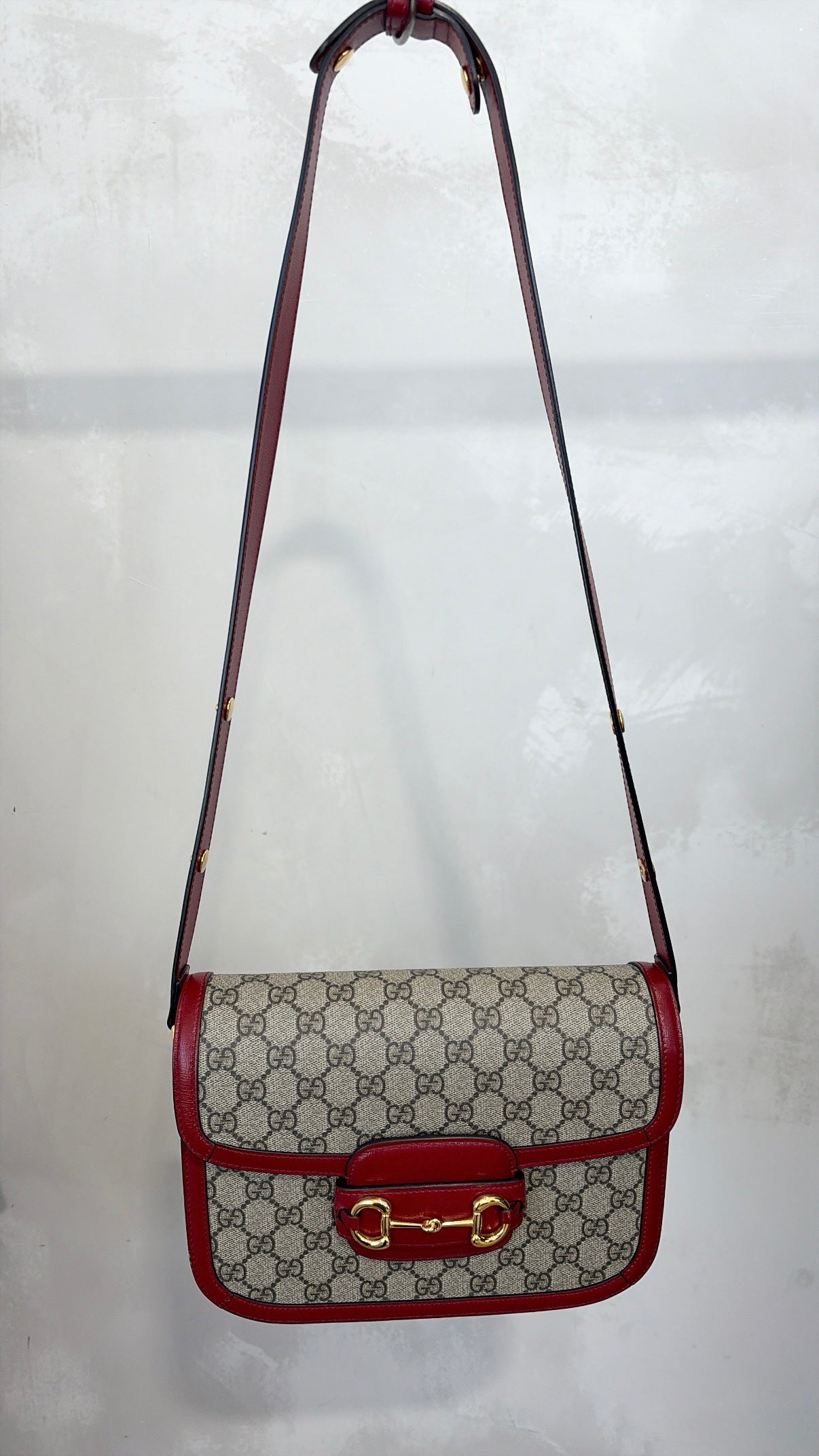 Gucci Coated Canvas Monogram and Red Leather 1955 Horsebit Shoulder Bag