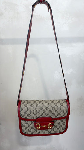 Gucci Coated Canvas Monogram and Red Leather 1955 Horsebit Shoulder Bag